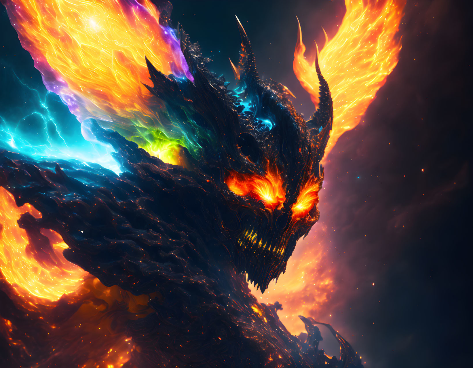 Fiery demonic creature with glowing eyes and sharp horns in vivid colors