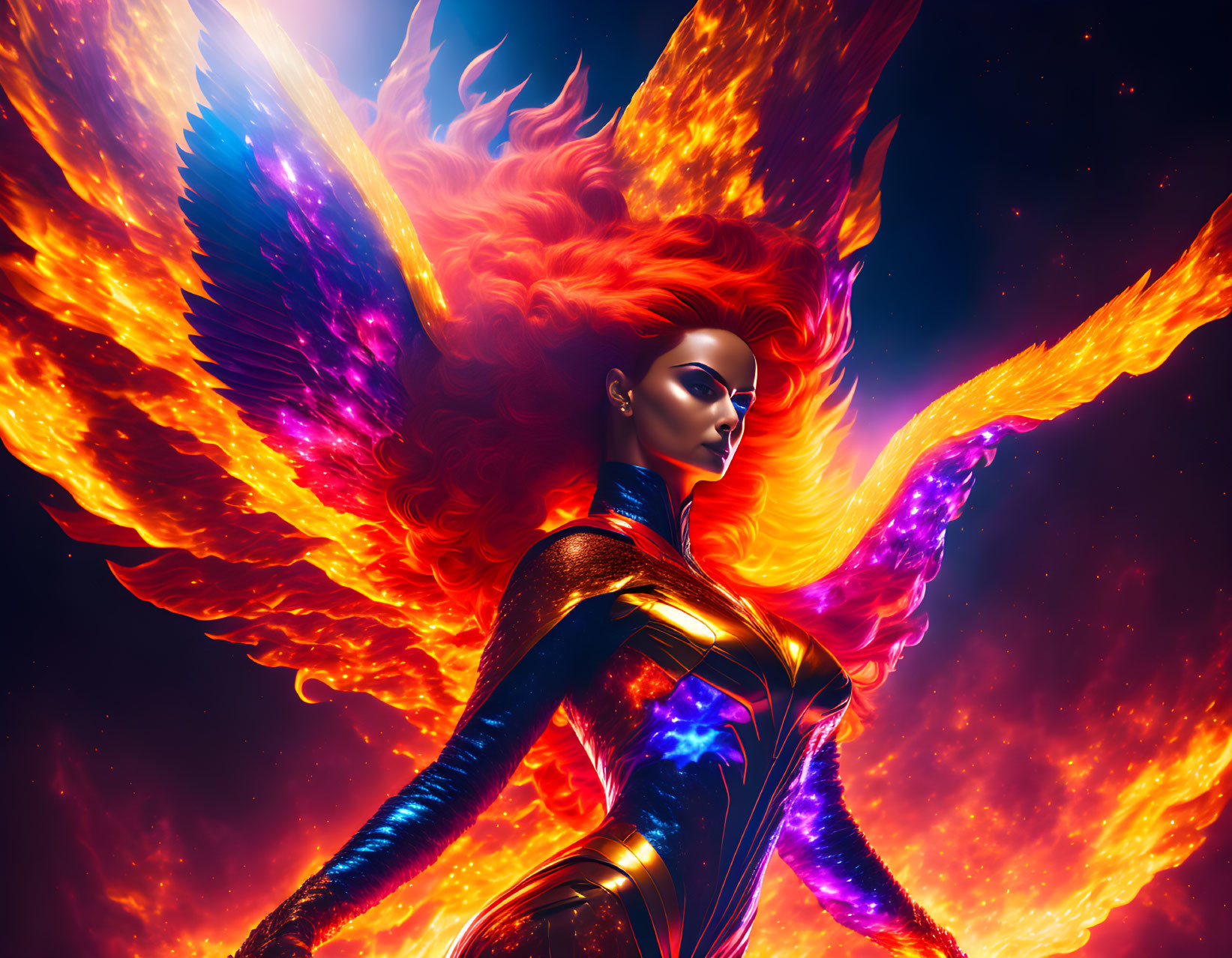 Vibrant female figure with fiery wings in cosmic setting