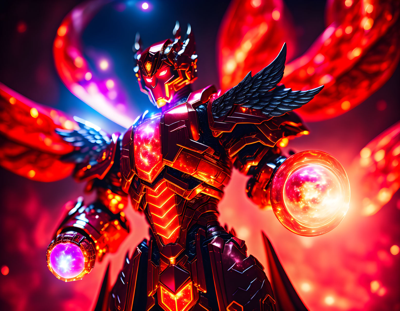 Armored warrior with wings surrounded by glowing orbs and red spheres