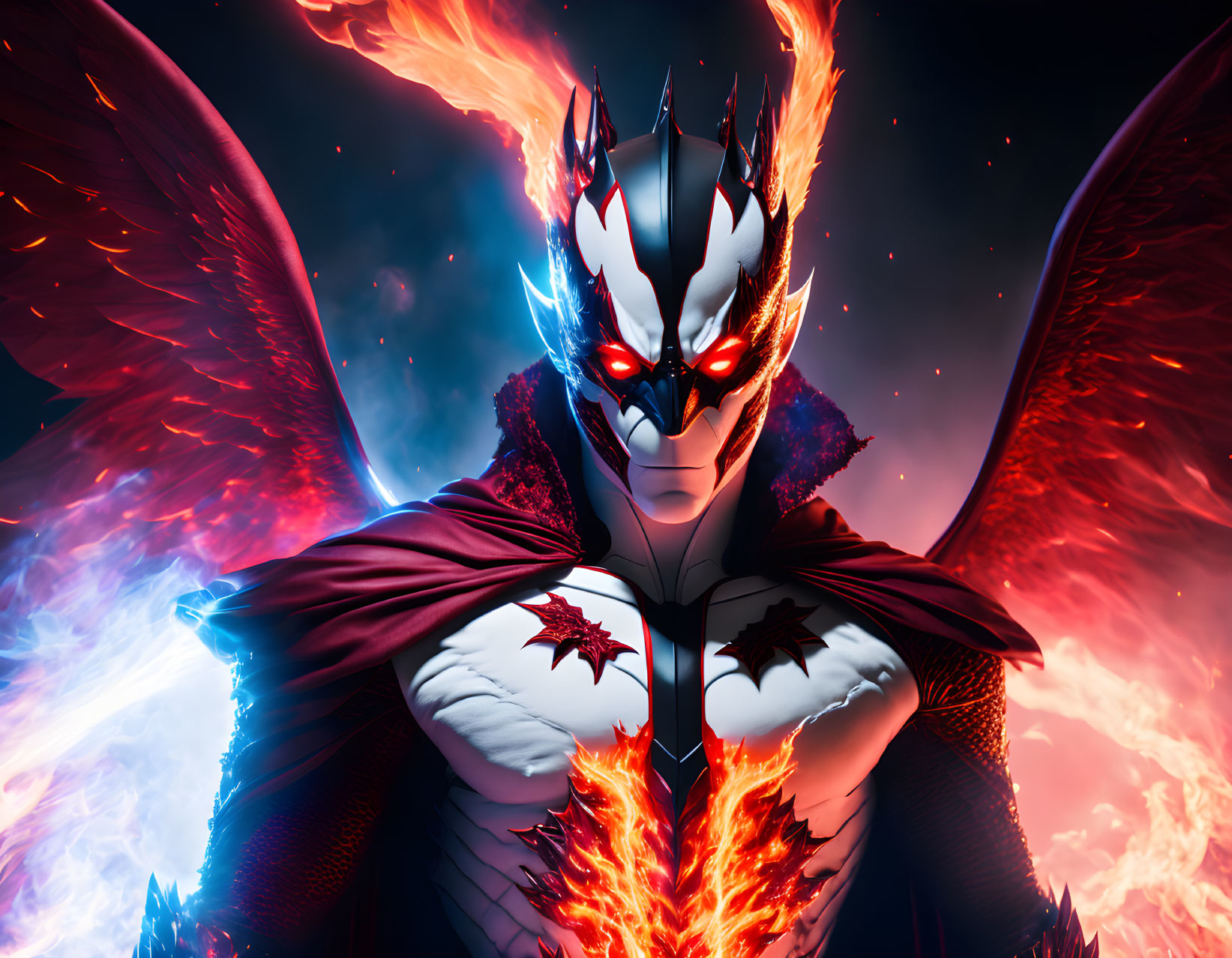 Fiery winged superhero in red and black suit with glowing eyes against cosmic backdrop