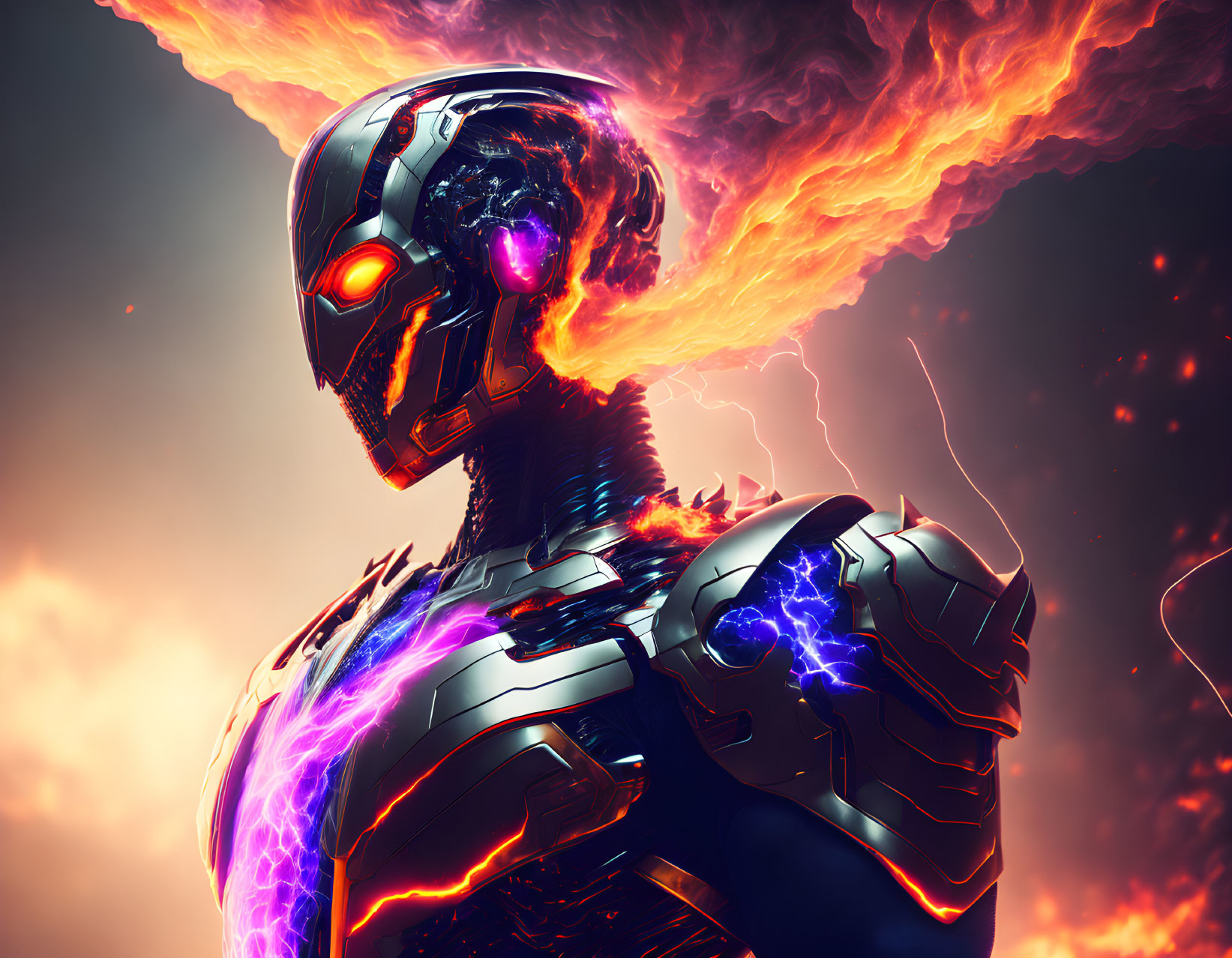 Futuristic robot with purple and red accents in apocalyptic sky