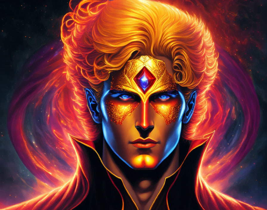 Cosmic character with golden hair, blue eyes, and red gem in space portrait