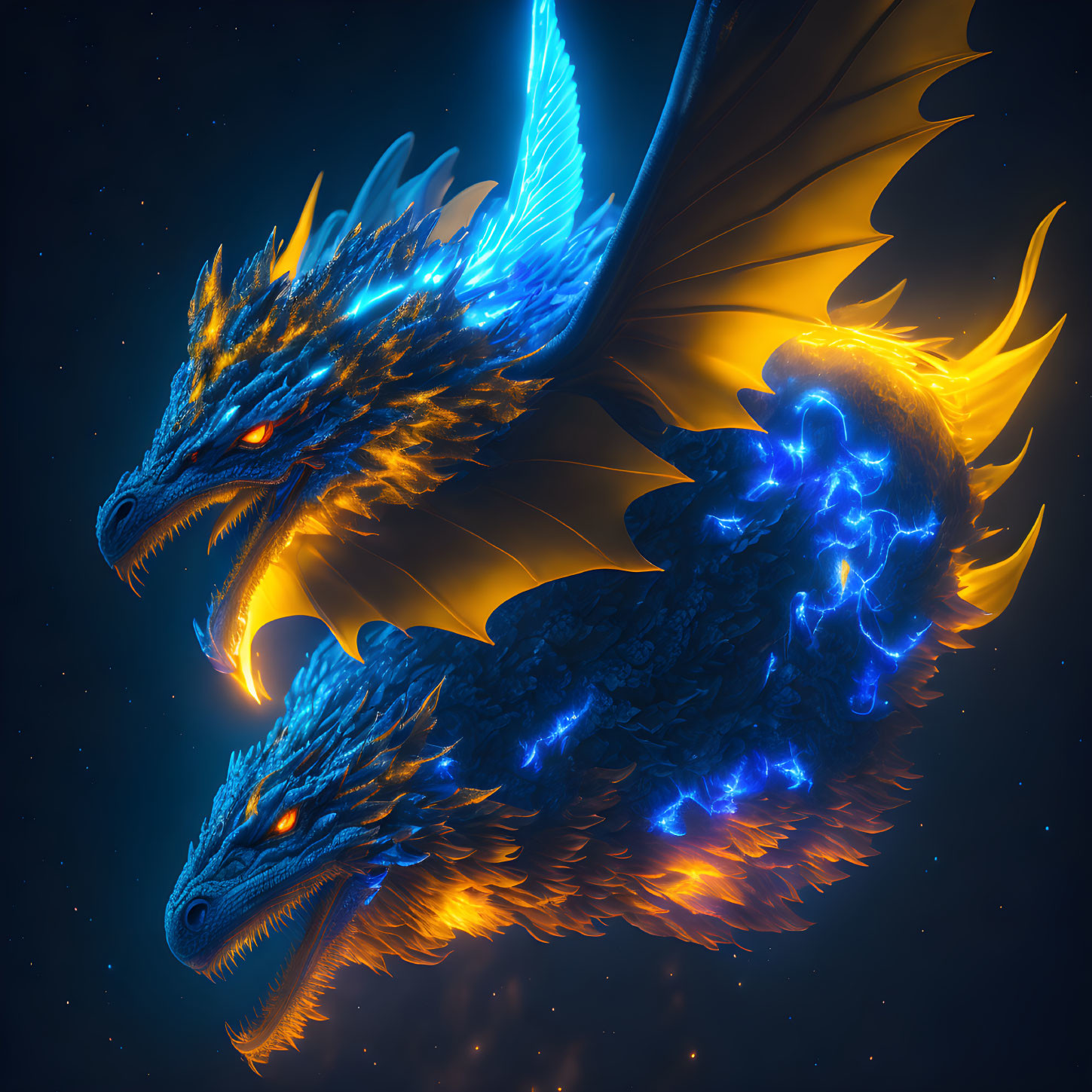 Vibrant digital artwork: Two luminous blue dragons in starry night.