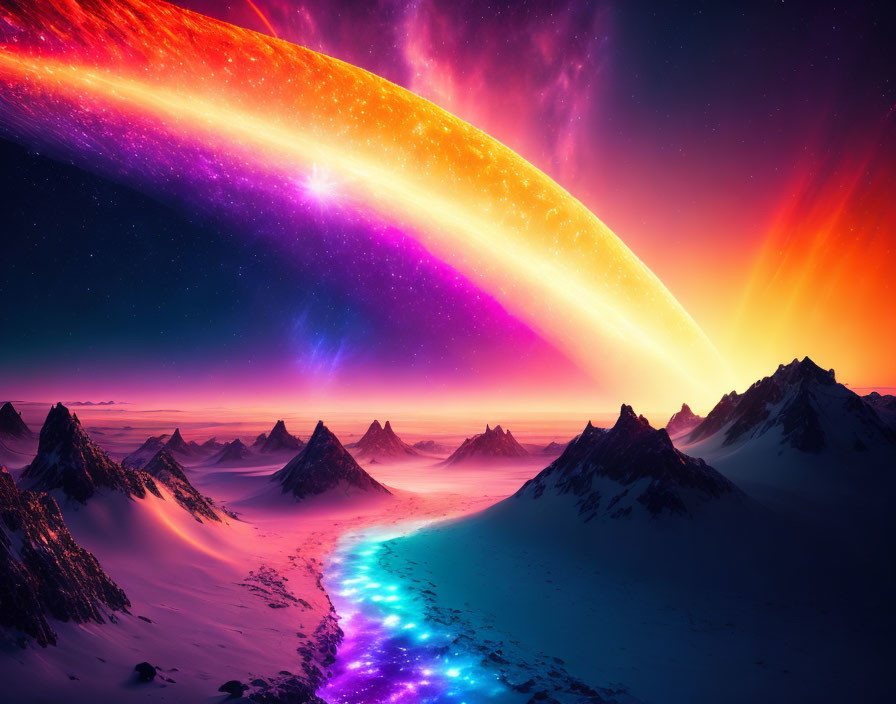 Colorful cosmic event above snowy mountain landscape