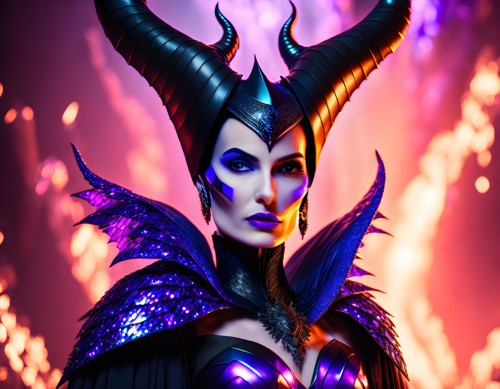 Elaborate fantasy makeup and costume with horns on villainous character in fiery backdrop