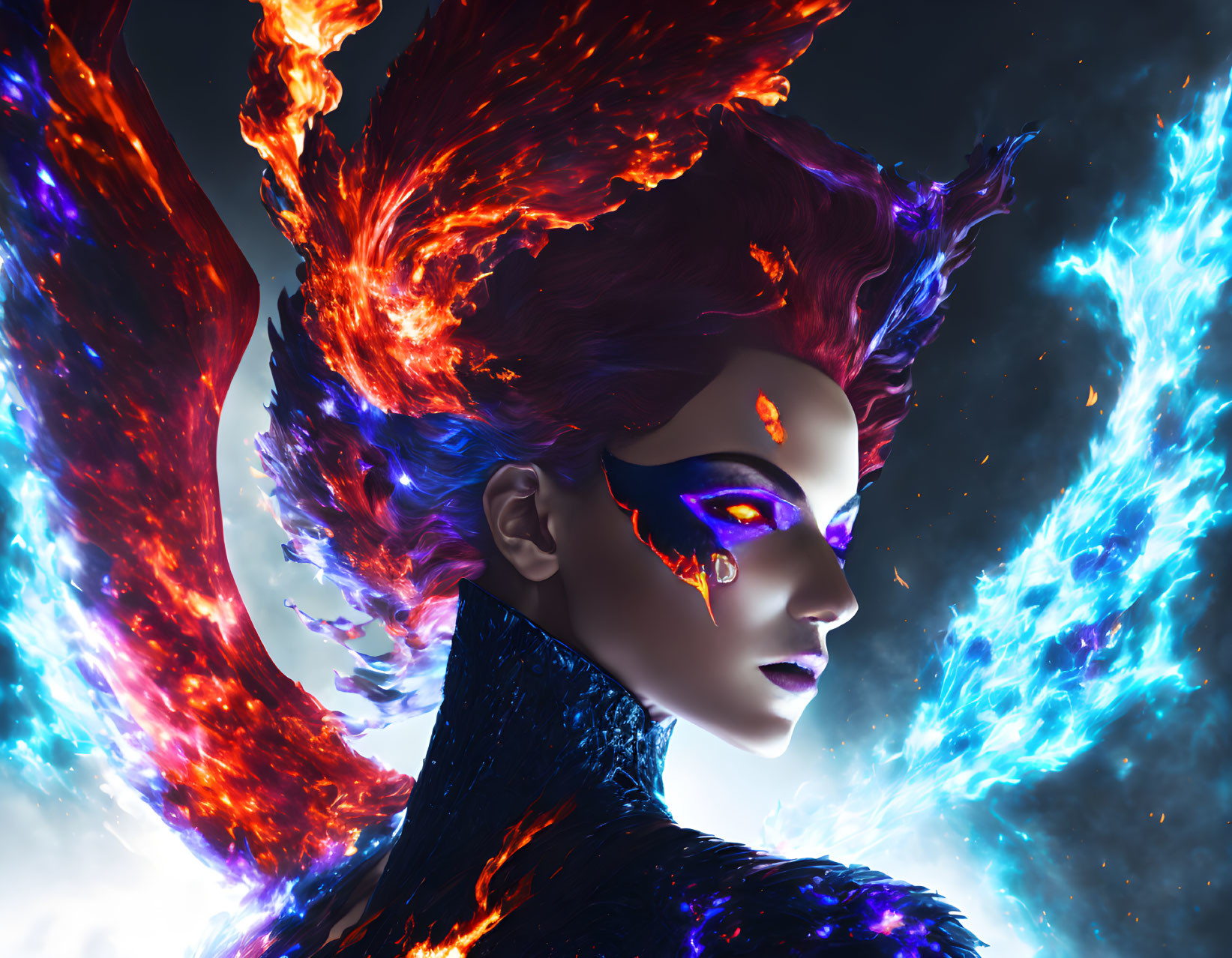 Digital artwork: Person with fiery red hair and blue flames