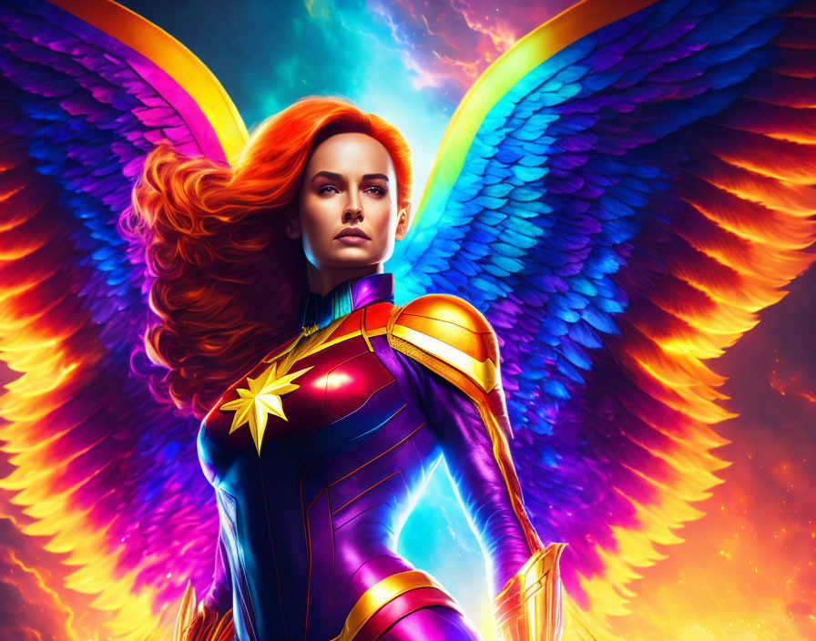 Colorful Female Superhero Artwork with Wings and Fiery Hair