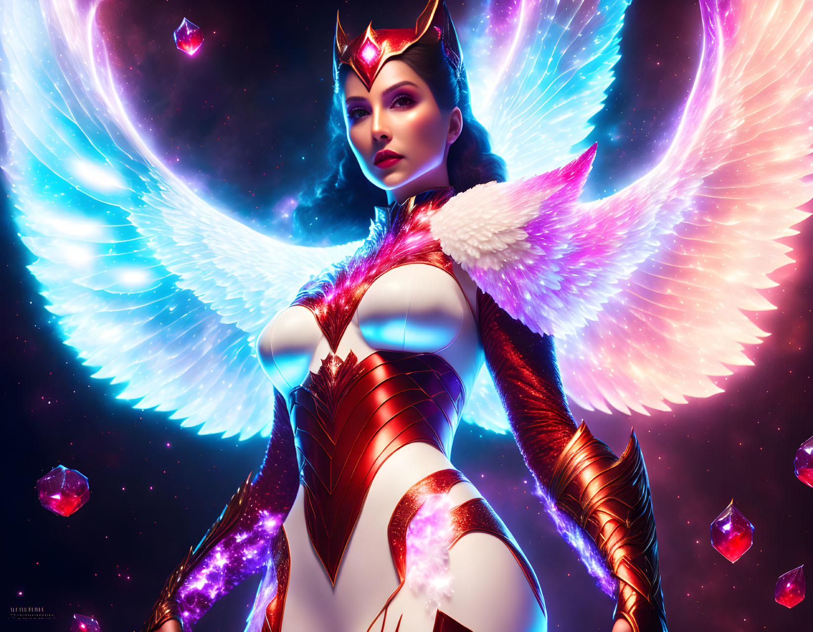 Female Warrior with Angelic Wings and Armor in Cosmic Setting