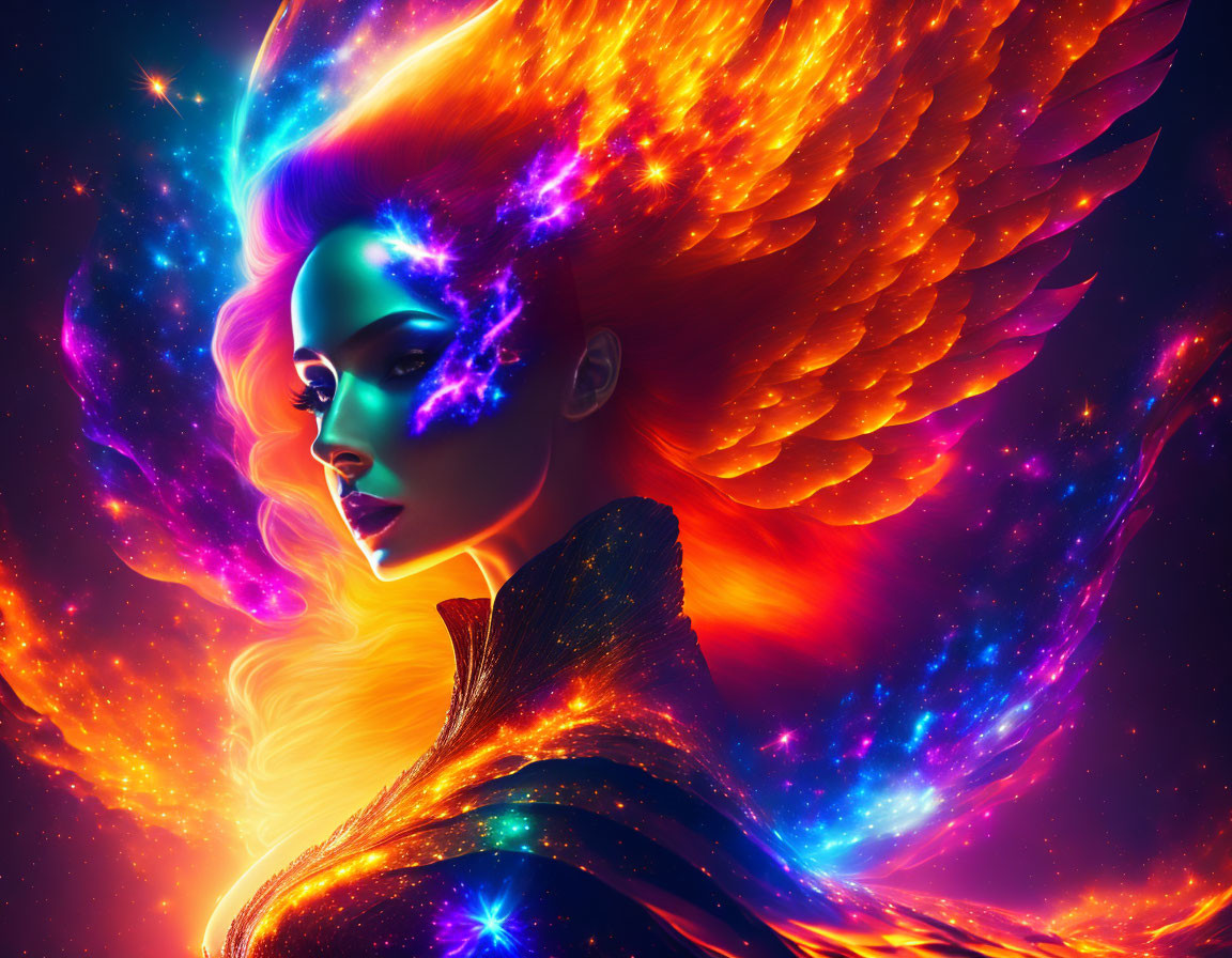 Cosmic-themed digital artwork with vibrant neon colors