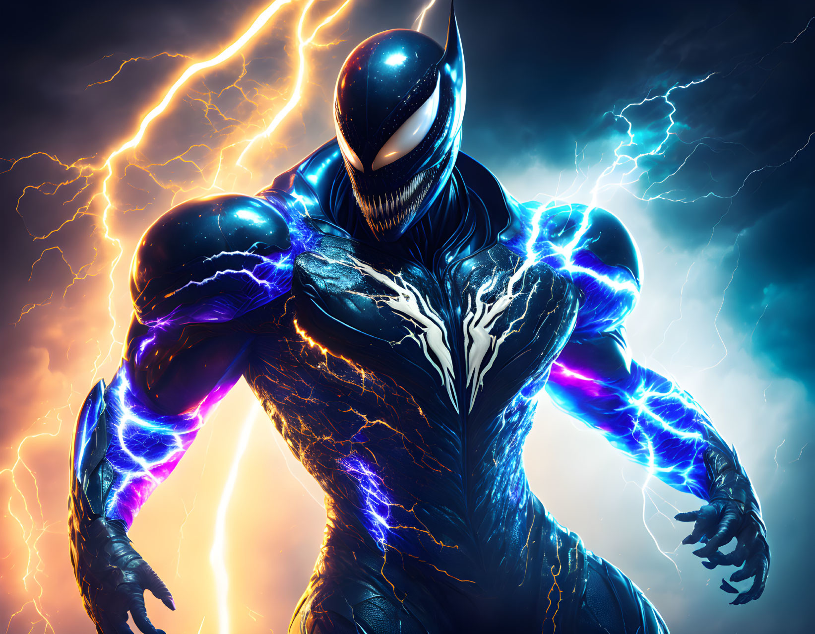 Muscular Venom digital artwork with dynamic lightning background