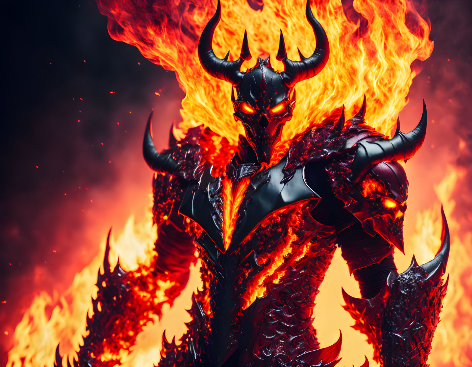 Sinister demon in fiery armor with glowing eyes and horns