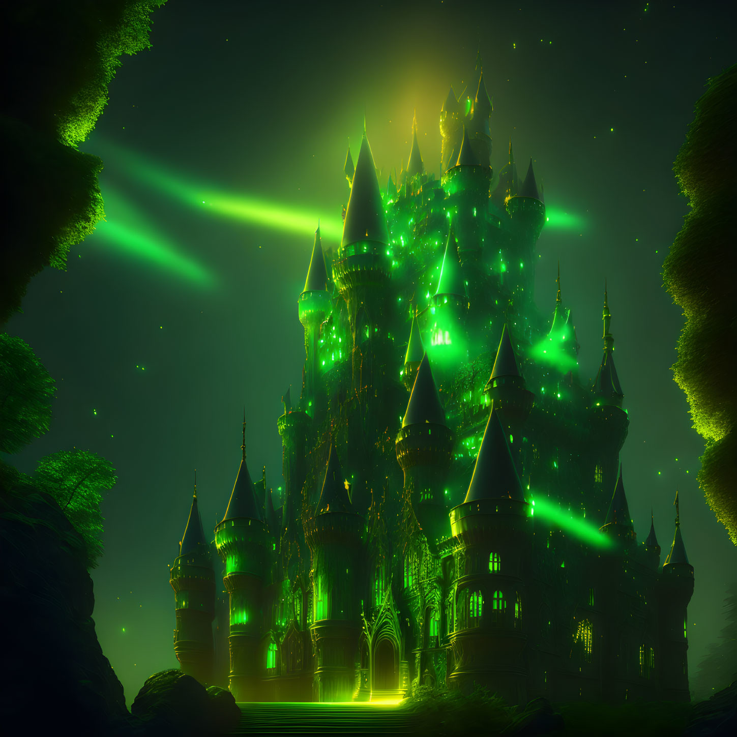 Fantasy castle under green-lit sky with aurora lights