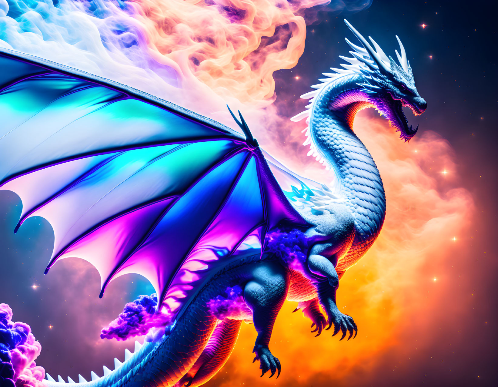 Blue dragon with vibrant wings in cosmic setting