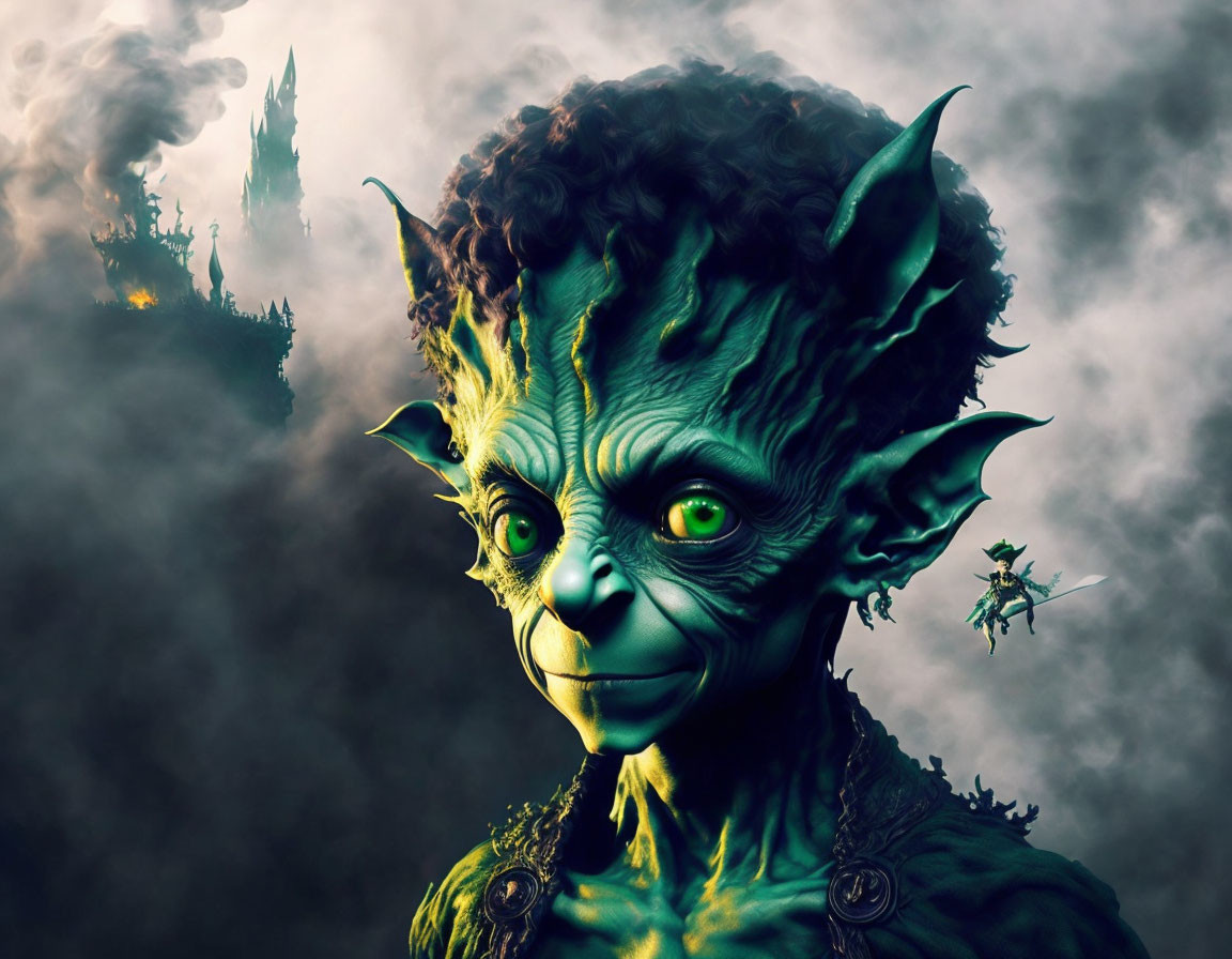 Green-skinned goblin in intricate armor against misty backdrop