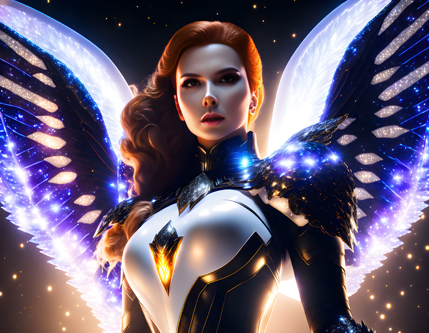 Digital artwork: Woman with glowing angelic wings in futuristic white and gold suit