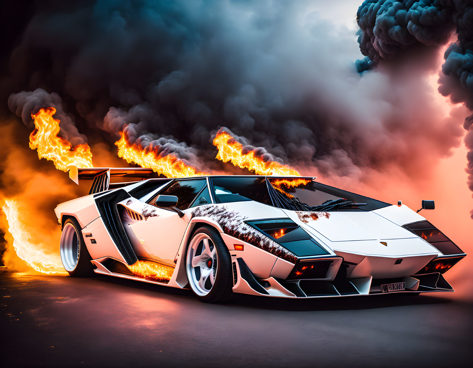 Flaming white Lamborghini with open doors in intense scene