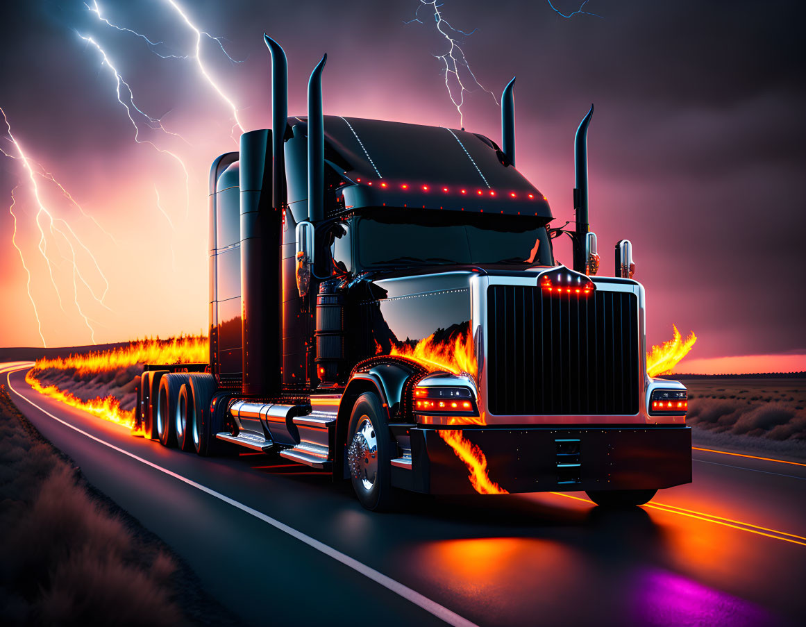 Black semi-truck on highway at dusk with fiery tire tracks and lightning