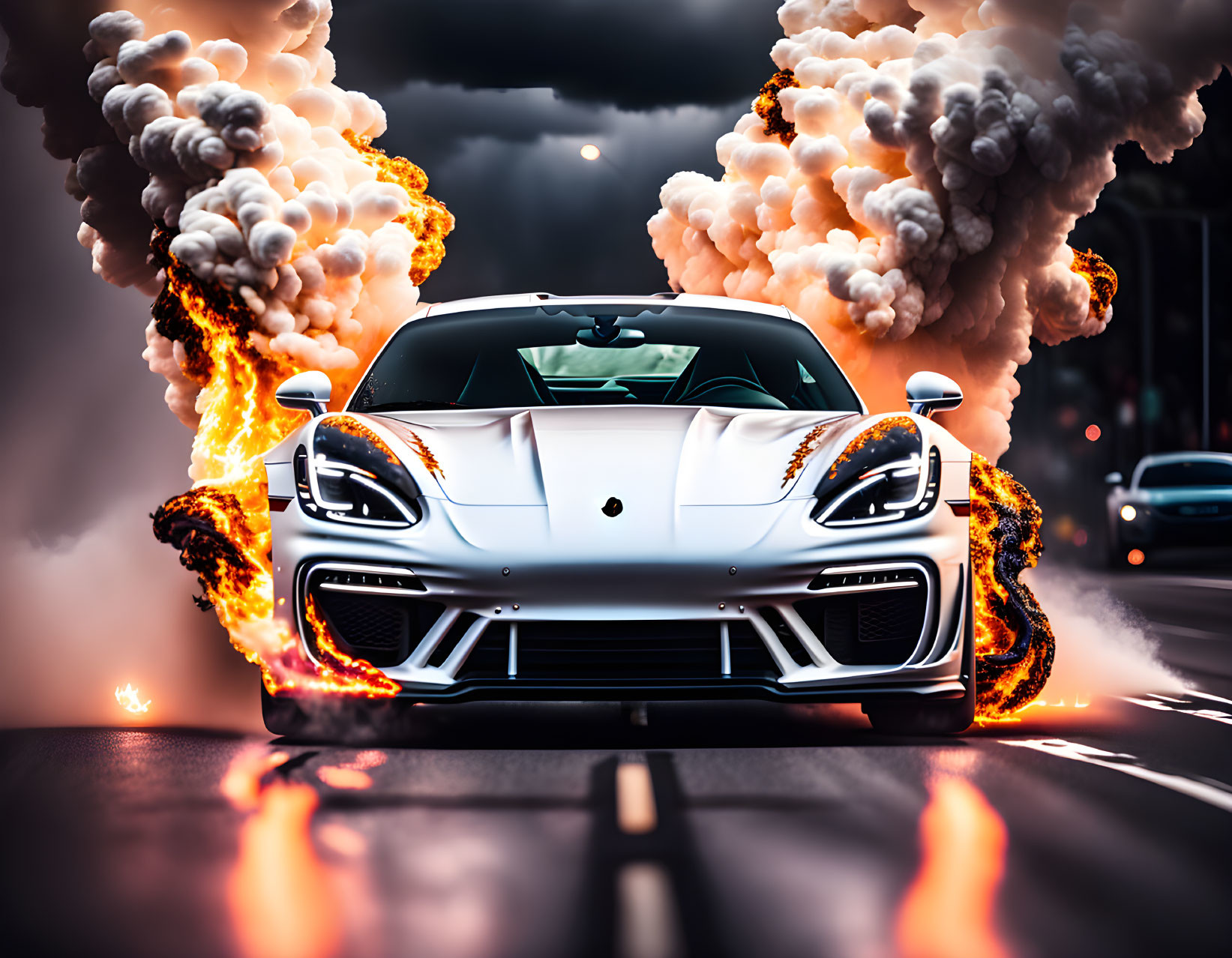 Speeding Sports Car with Fiery Trails on Road