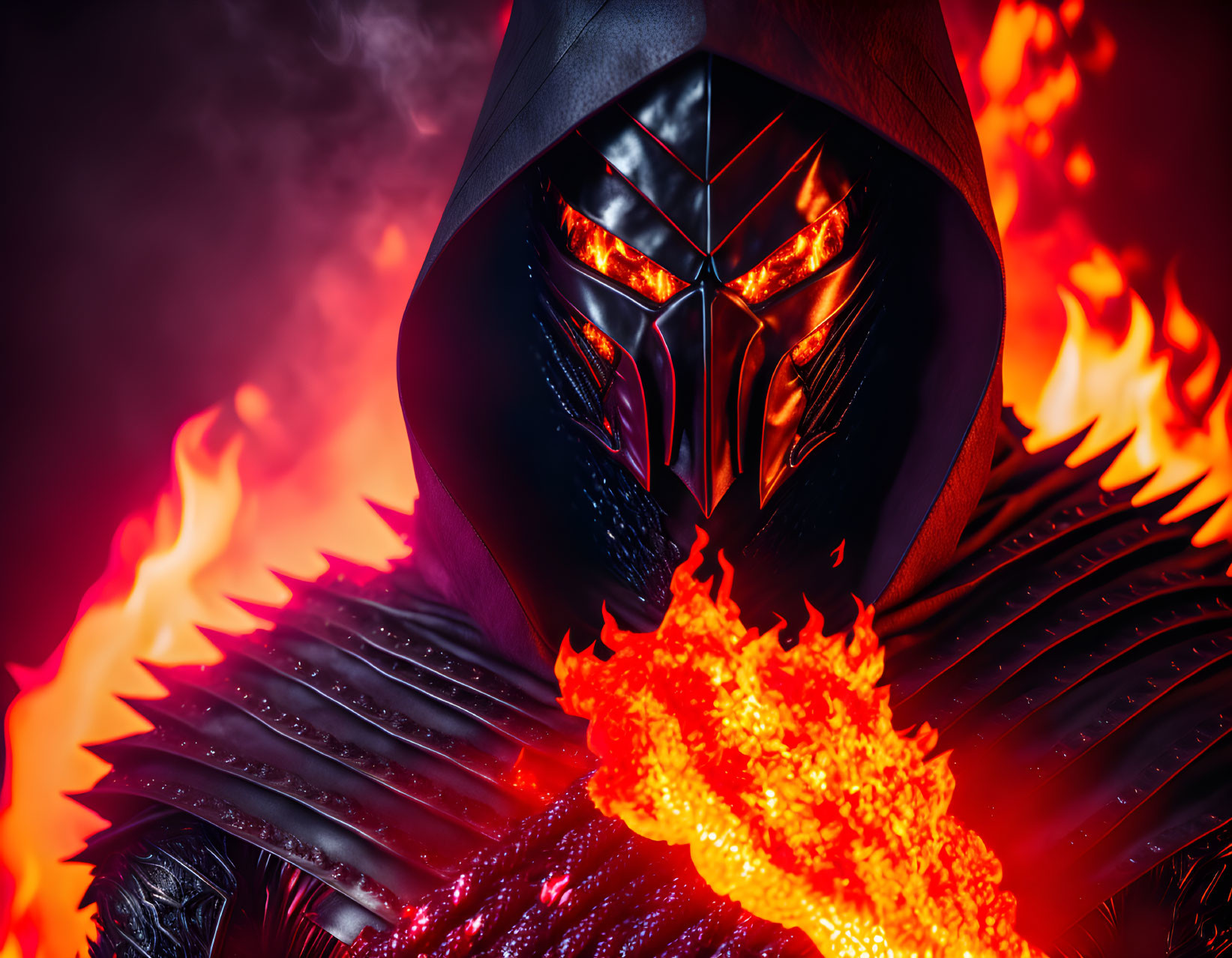 Dark spiky armor and fiery background with lava-like blade on red smoke backdrop