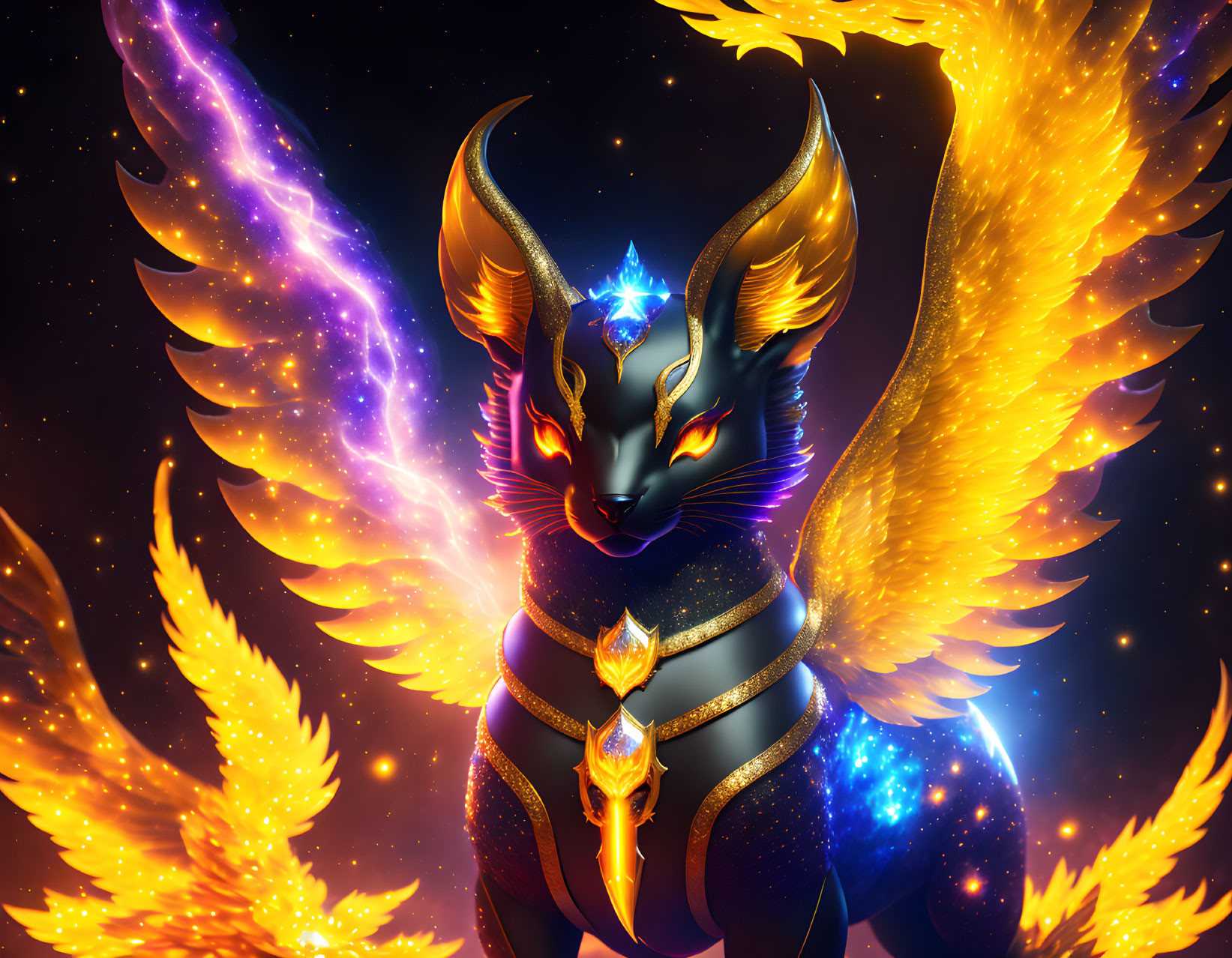 Fiery-Winged Feline Creature with Starry Mane and Cosmic Background