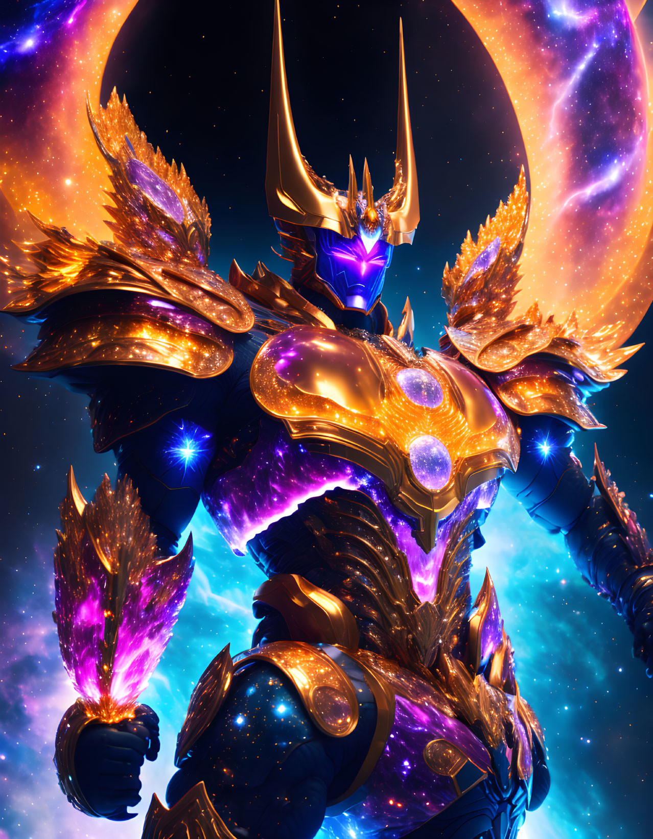 Stylized character in golden armor against cosmic backdrop