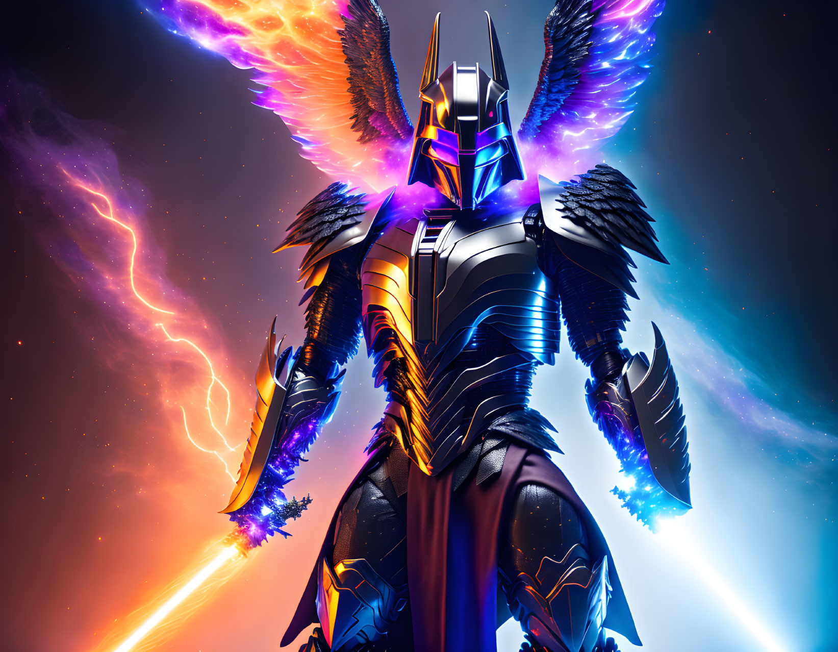 Futuristic armored figure with wings in cosmic backdrop with vibrant colors