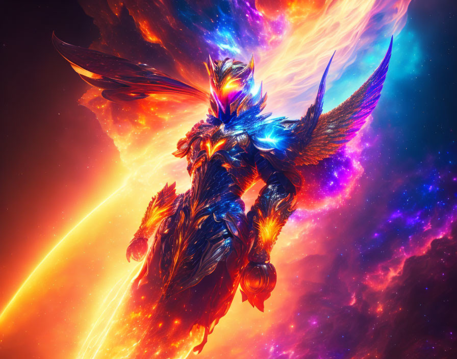 Mythical warrior with fiery wings and armor in cosmic setting