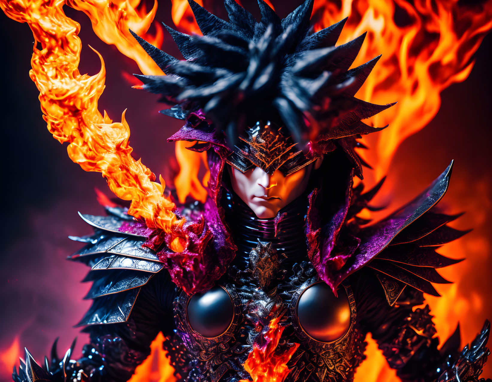 Mystical figure in fiery armor with spiky helmet and intense flames