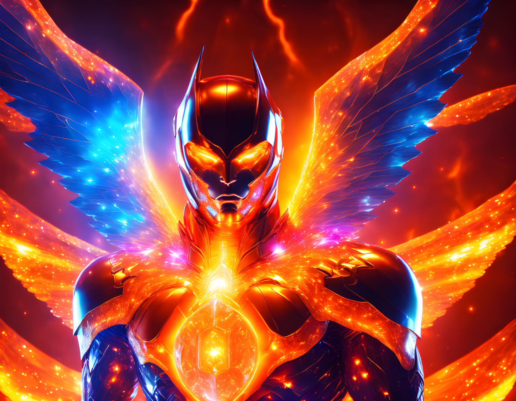 Digital artwork: Superhero with fiery wings and glowing armor on cosmic backdrop