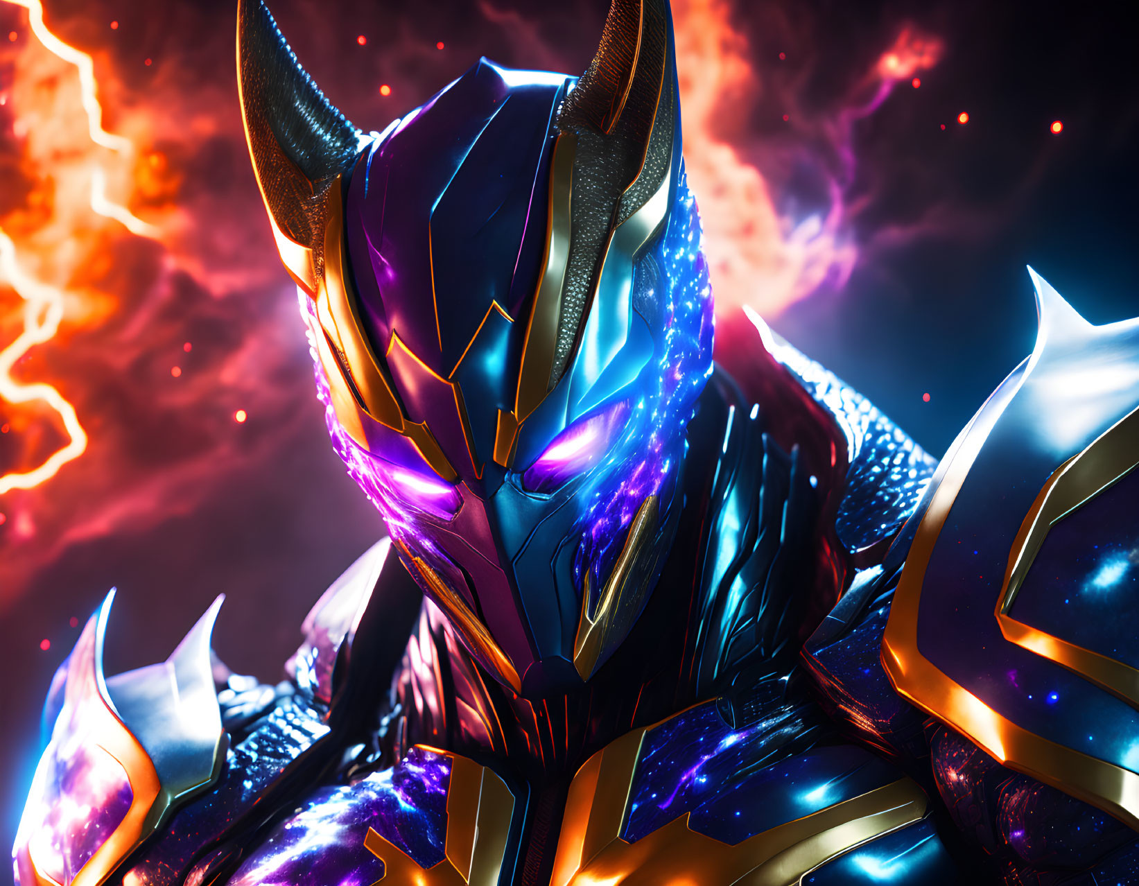 Character in ornate armor with horned helmet in fiery nebulae backdrop.