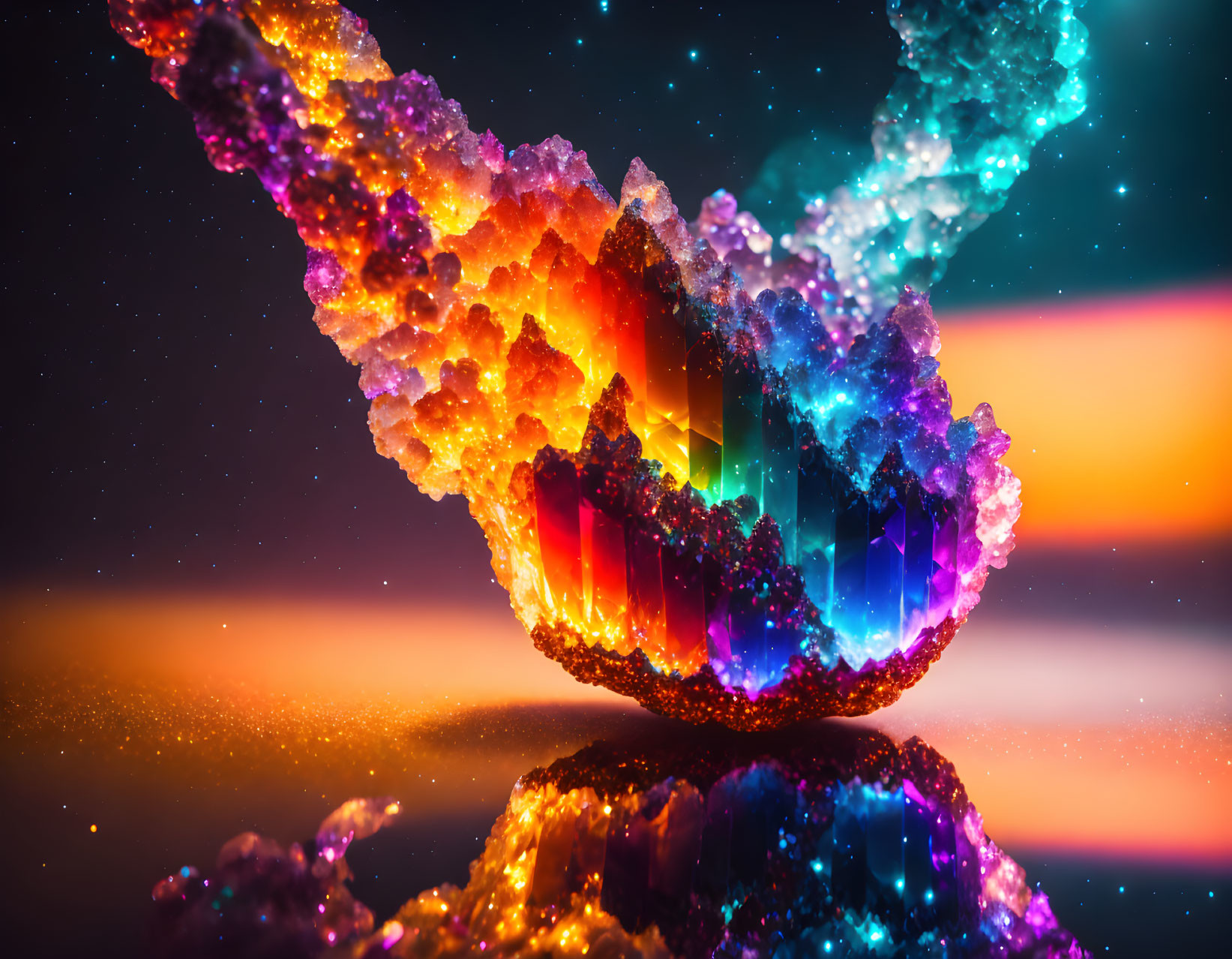 Colorful Crystal Formation Against Starry Background