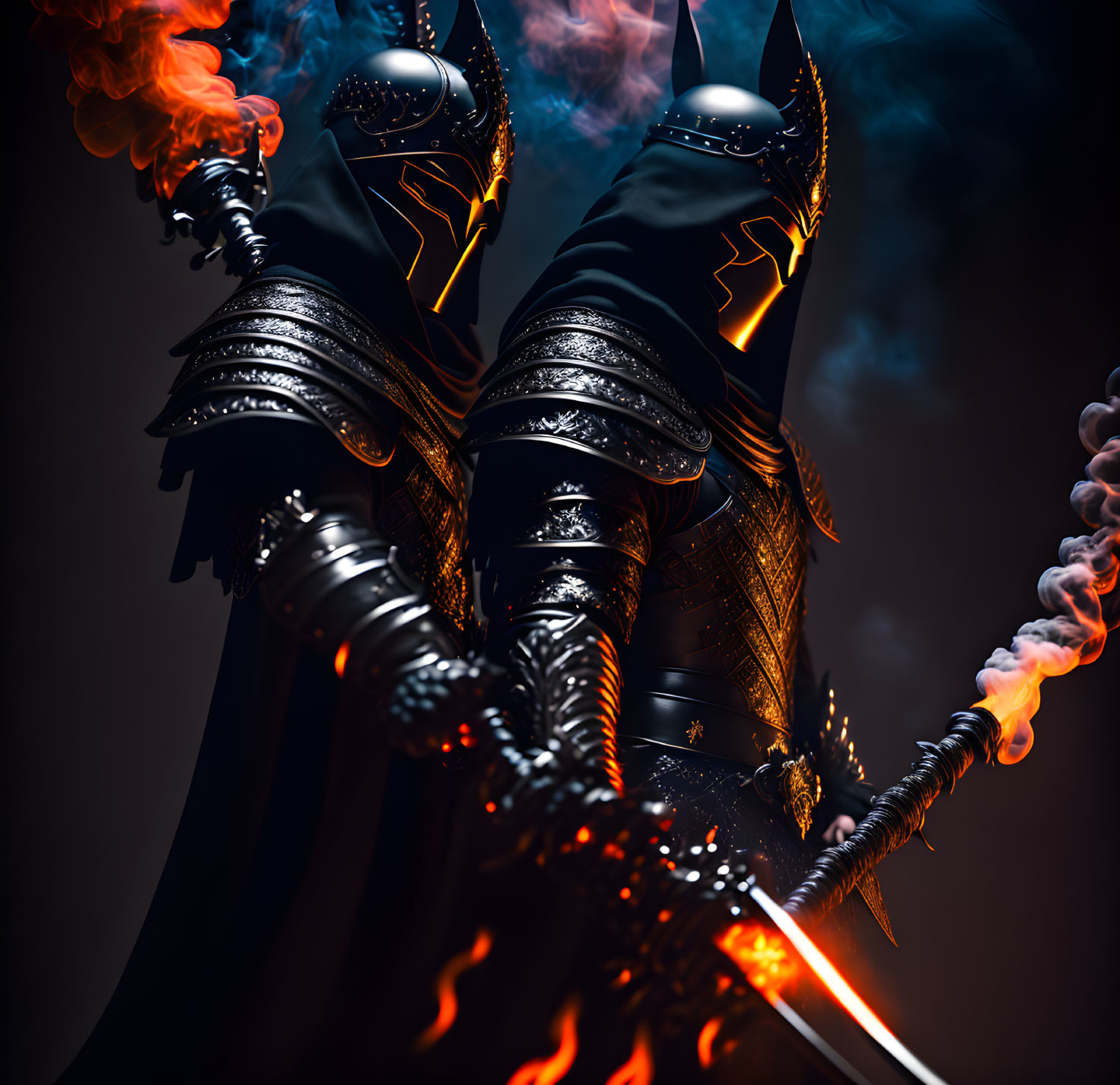 Dark-armored figure with glowing accents wields sword in blue smoke.
