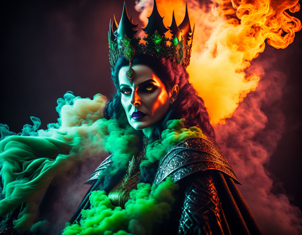 Elaborate Dark Queen Costume with Dramatic Green and Orange Smoke