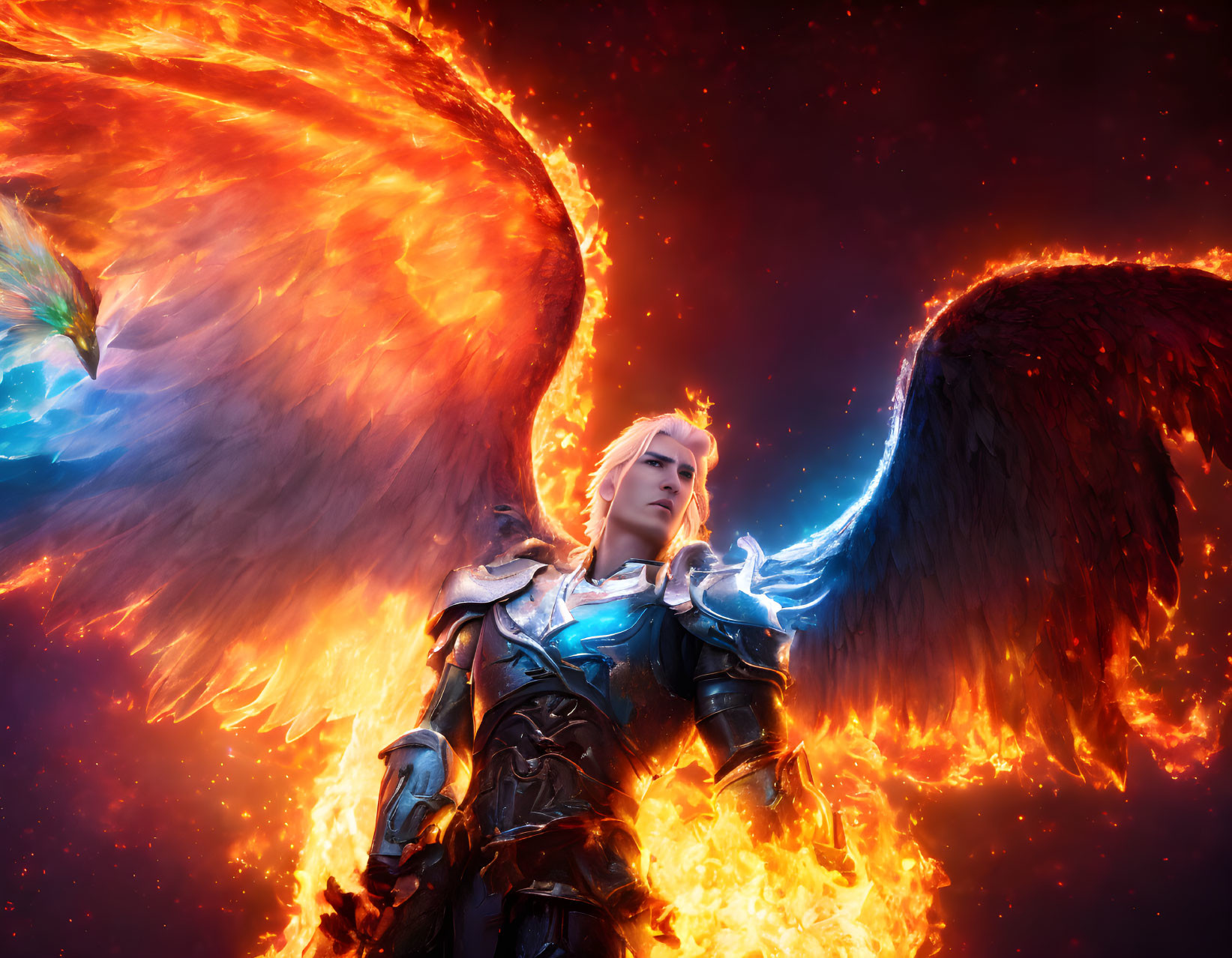 Fiery-winged character in cosmic digital art