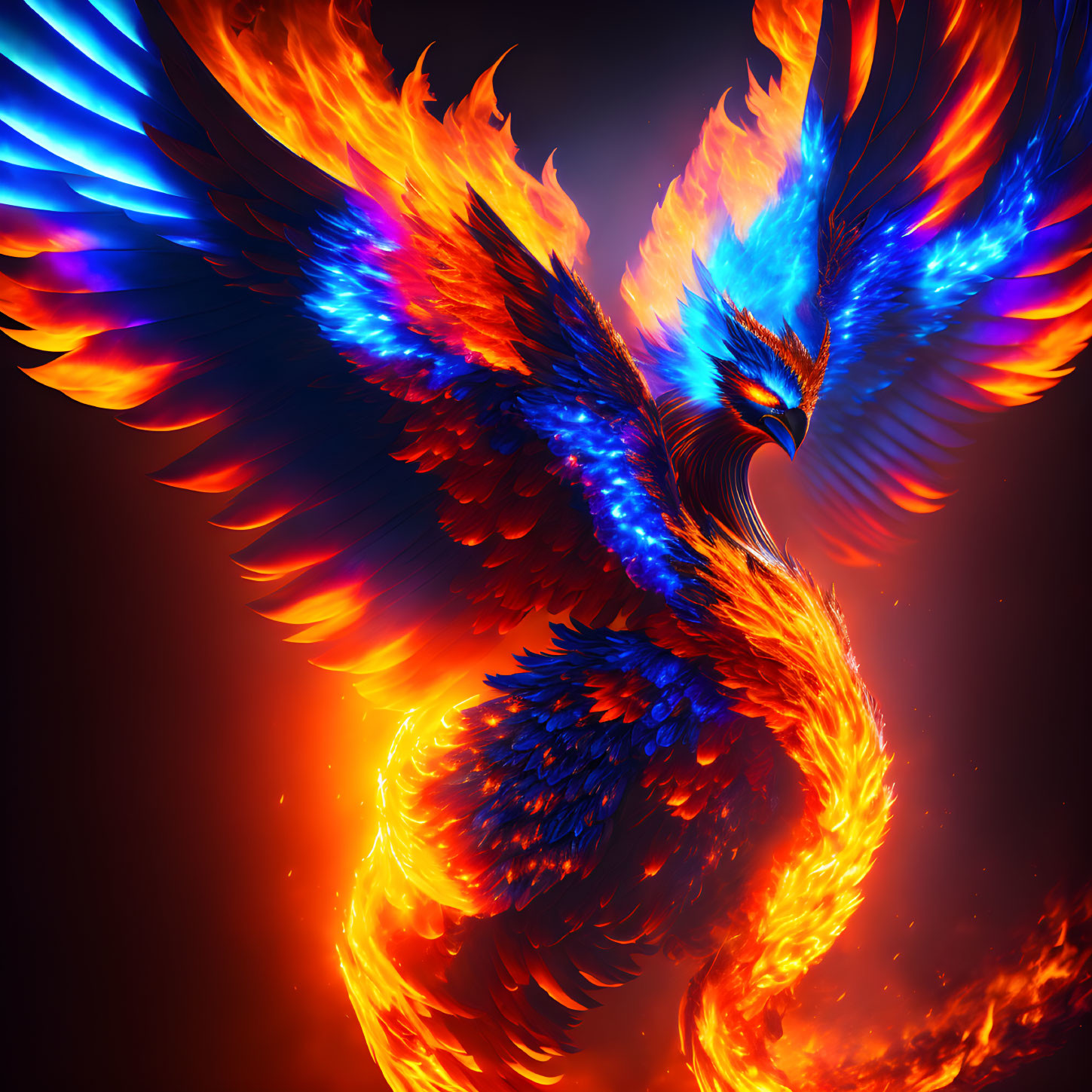 Colorful Phoenix Artwork with Spread Wings on Dark Background