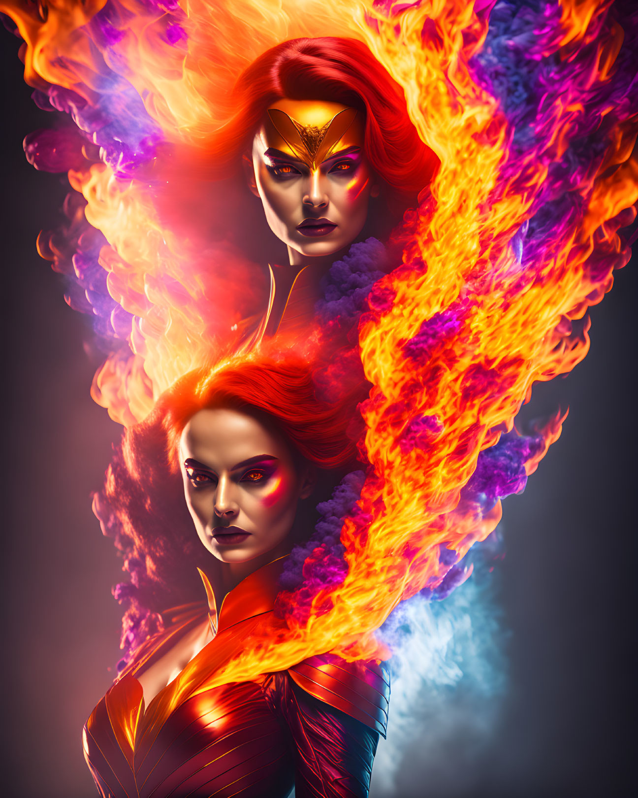 Fiery-haired women in armor surrounded by flames on dark background