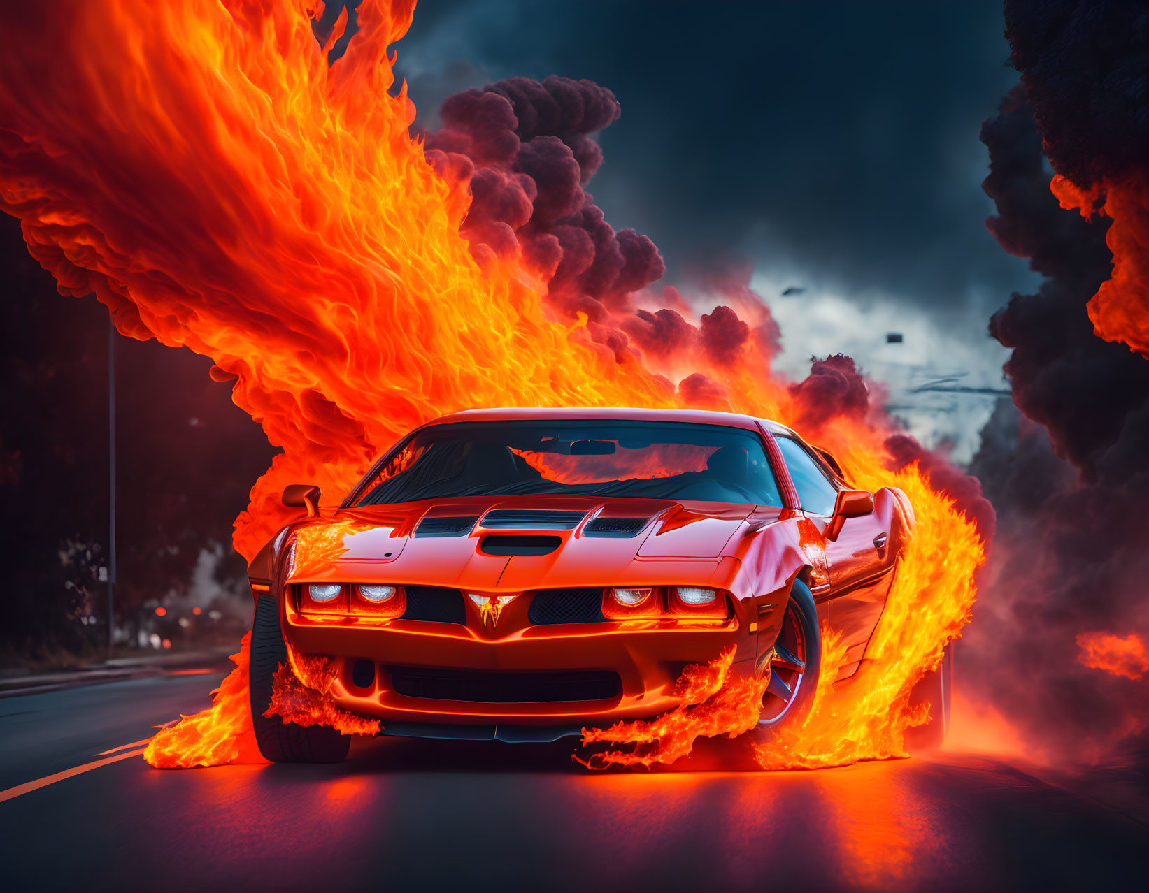 Vibrant orange sports car with fiery wings on road