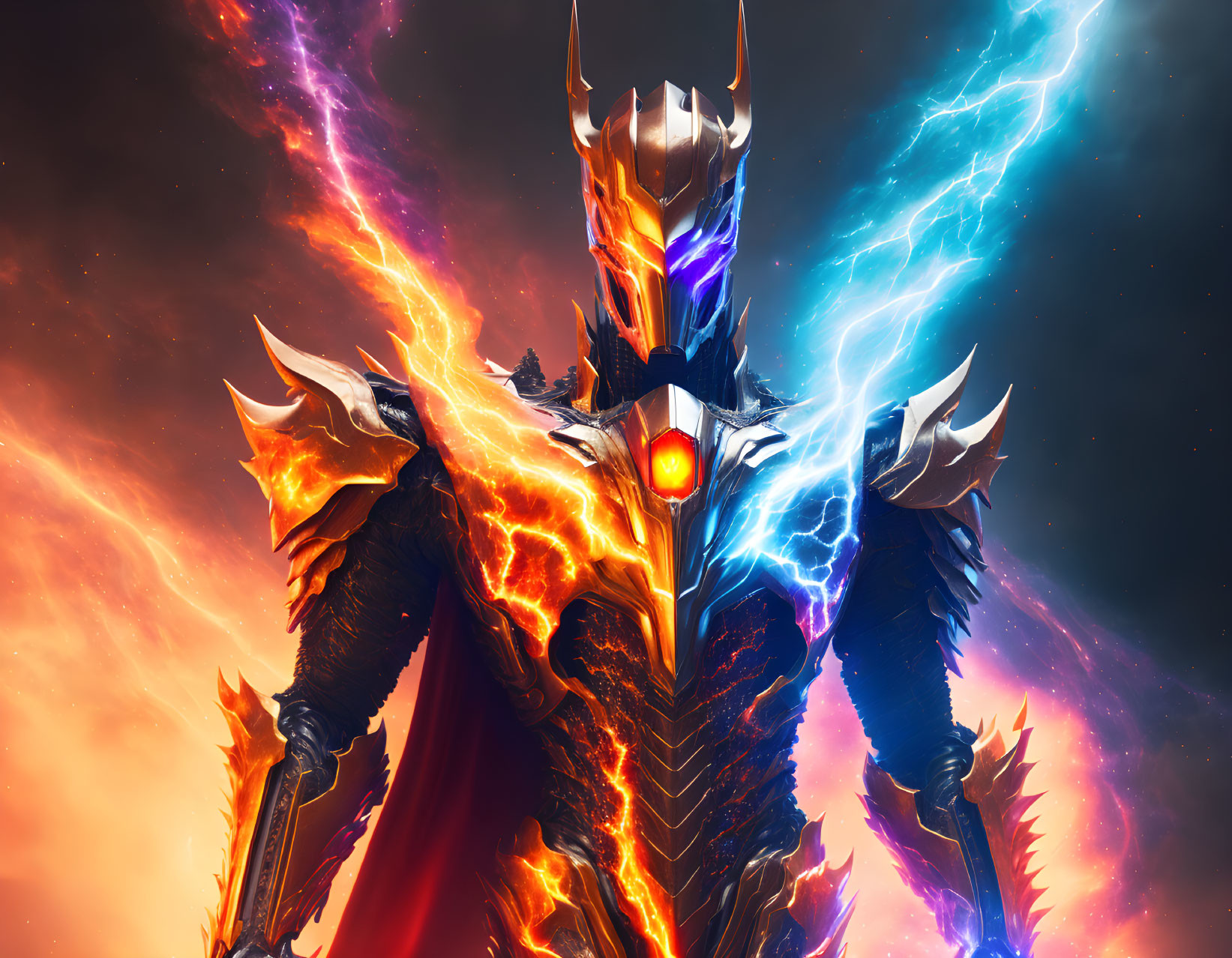 Armored figure with red visor in cosmic fiery scene