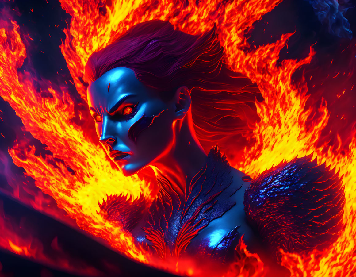 Blue-skinned animated character with glowing red eyes in fiery flames