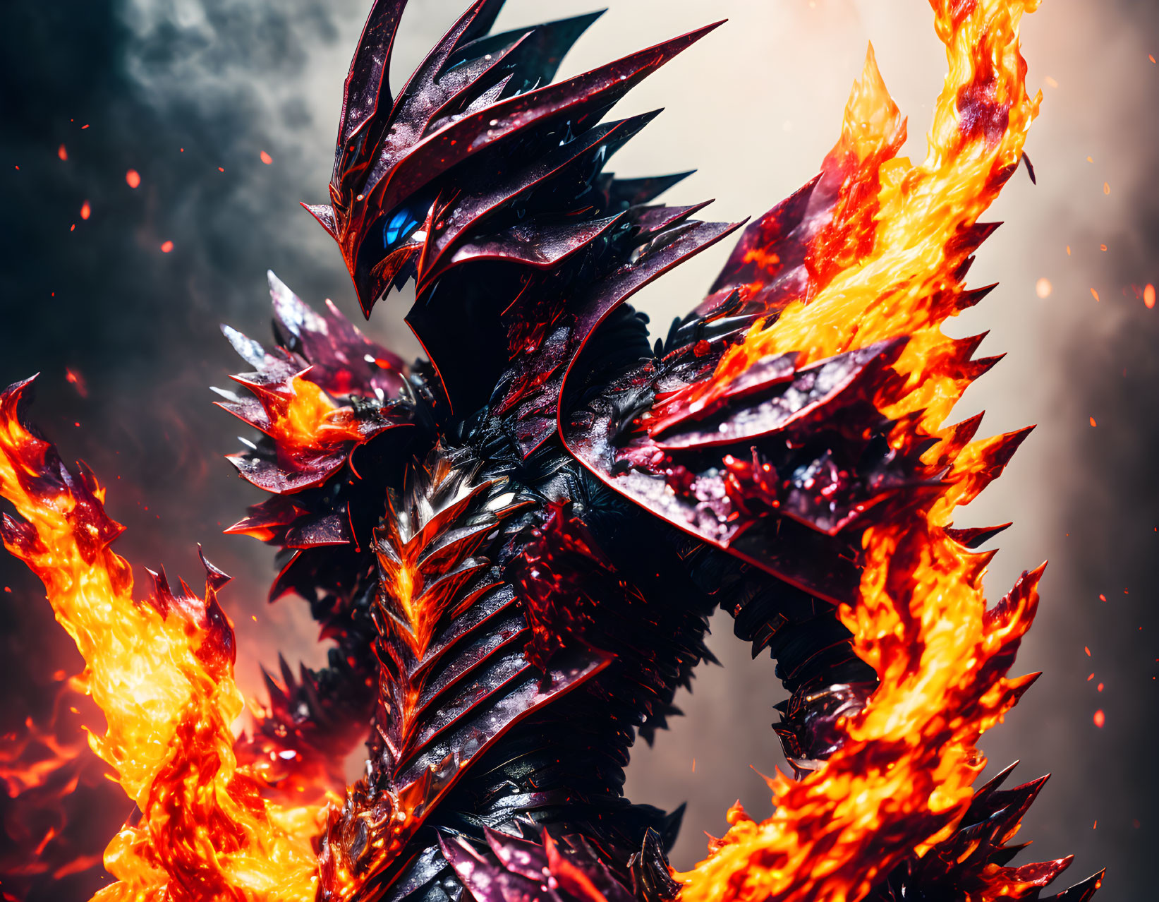 Fiery fantasy creature in dark, spike-covered armor with engulfing flames.