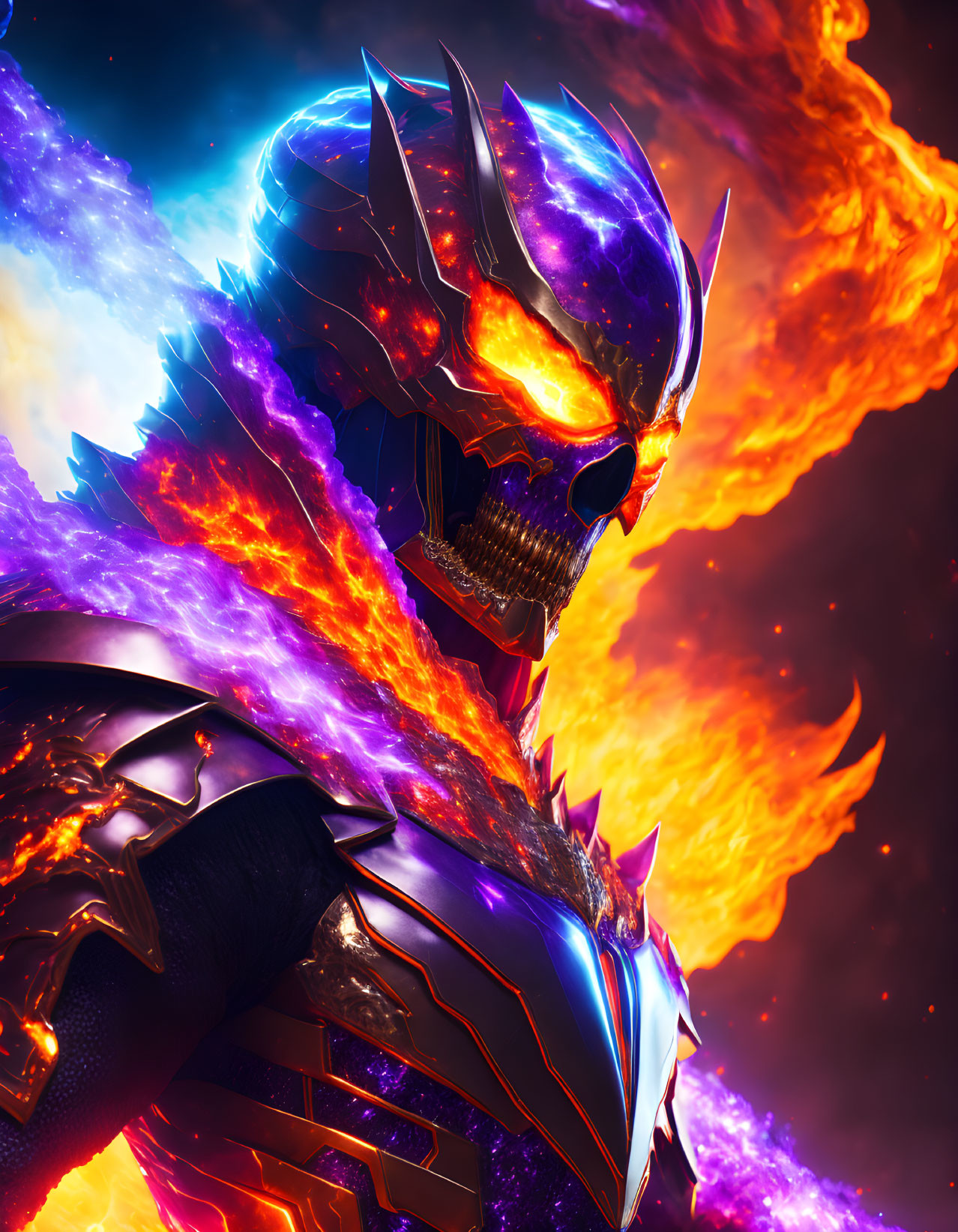 Skull-faced creature in futuristic armor amid swirling flames