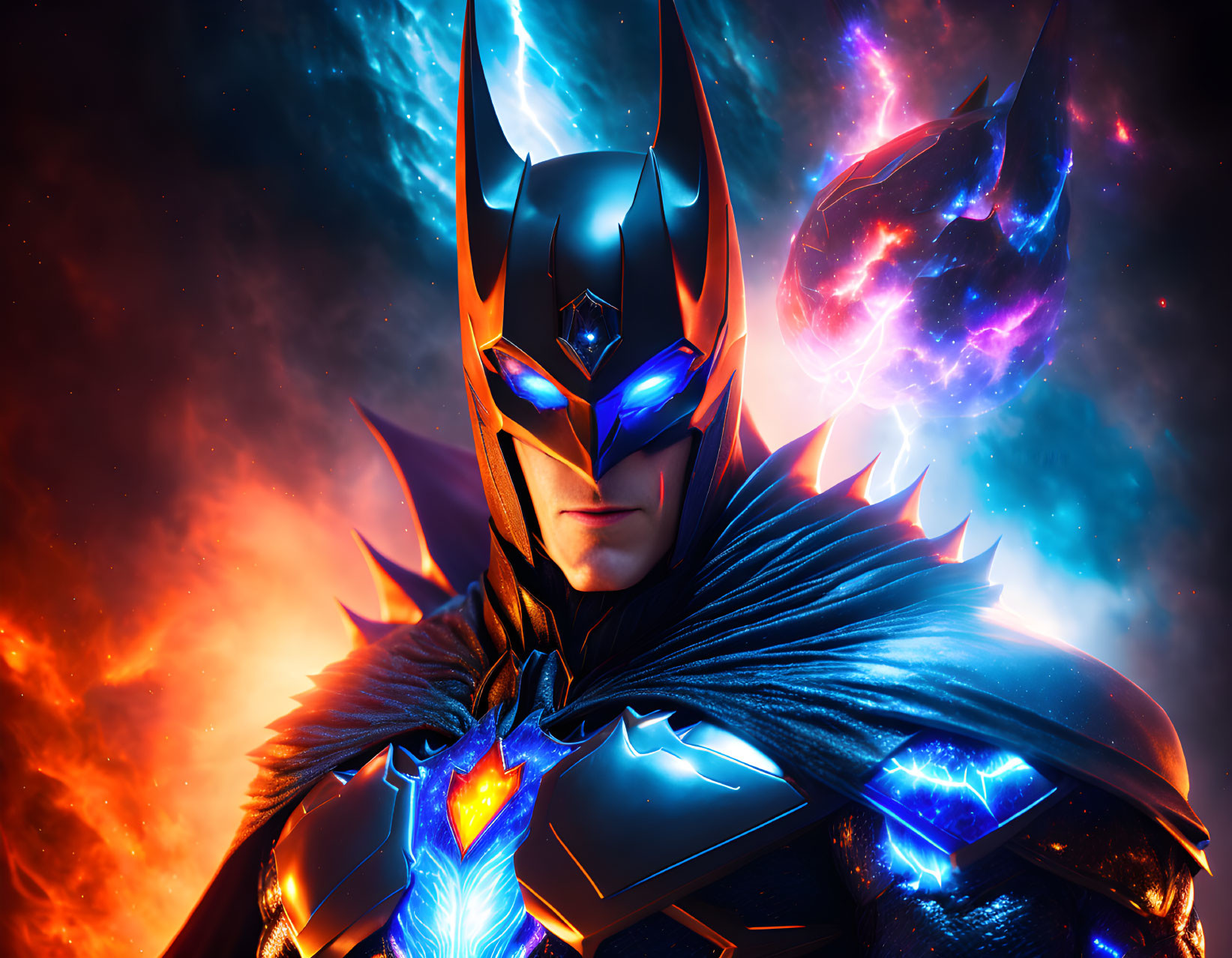 Futuristic Batman-like character with glowing blue eyes in cosmic scene