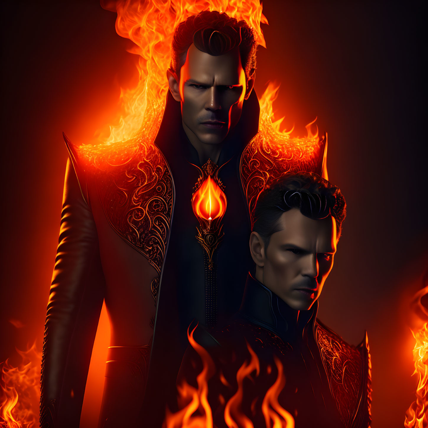 Flaming hair figures in dark outfits back-to-back in fiery setting