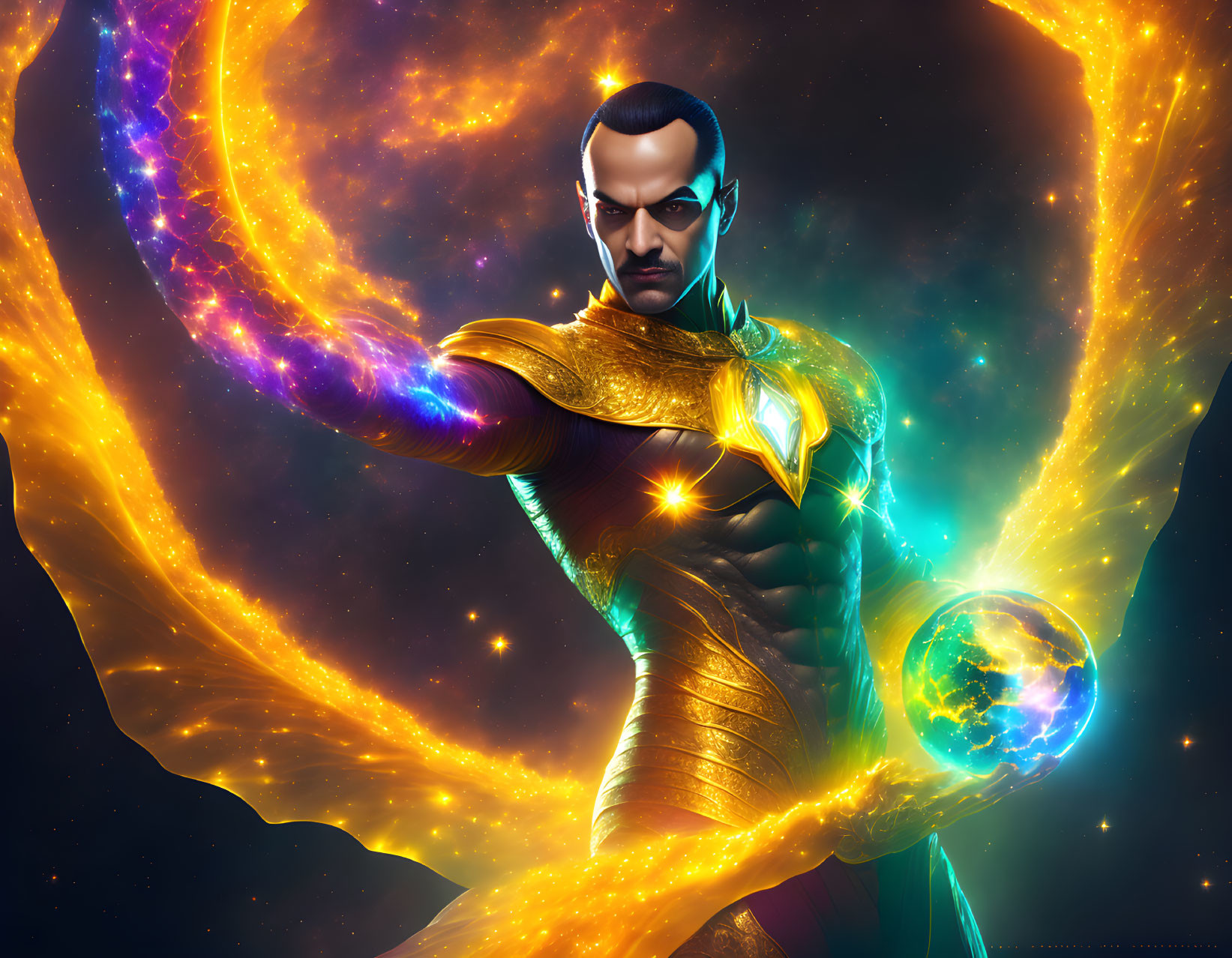 Character with cosmic powers in golden armor manipulating energy and stars