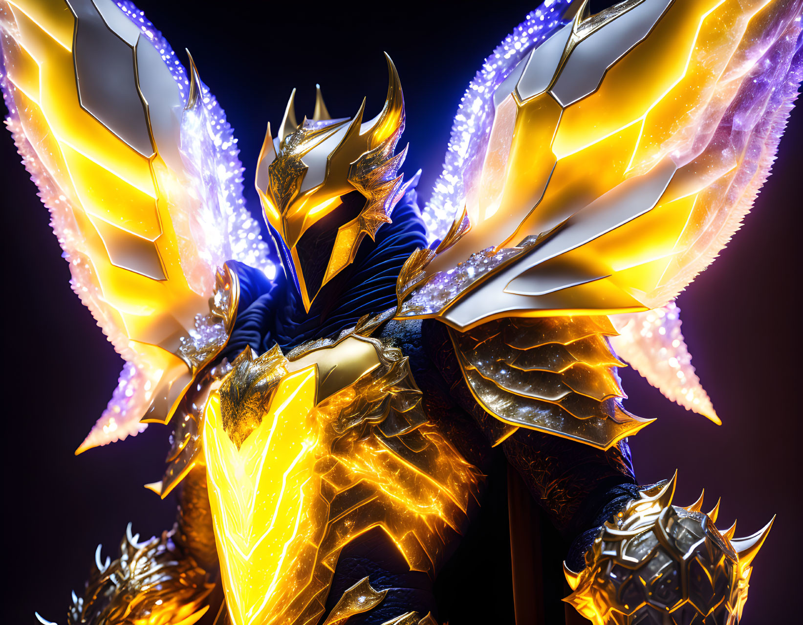 Vibrant digital artwork: Fantasy warrior in golden armor with glowing wings