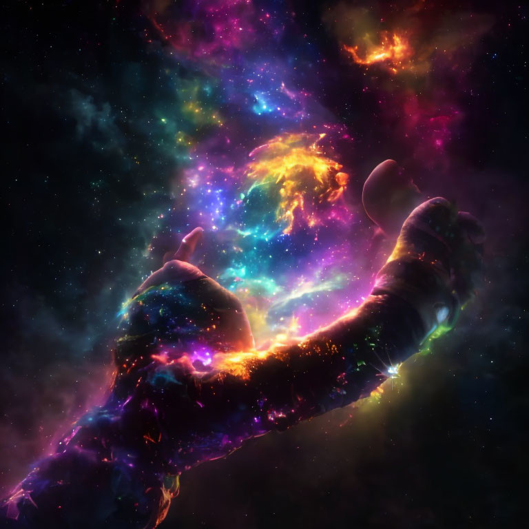 Colorful nebula resembling a human hand in cosmic scene