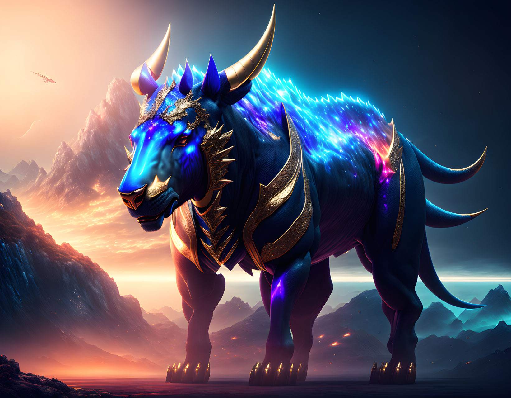 Blue bull with glowing patterns and golden armor in mountainous sunset landscape