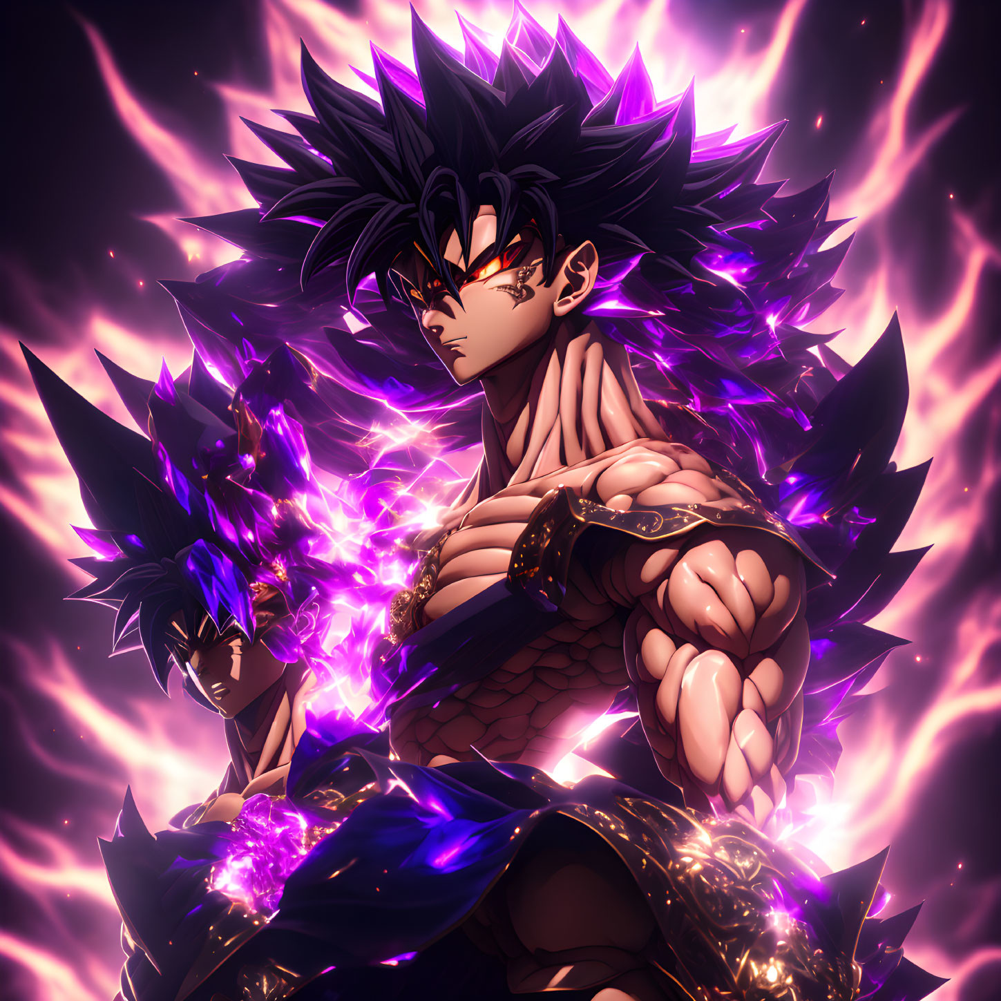 Spiky-Haired Animated Character in Battle Armor with Purple Energy