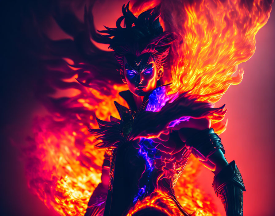 Dynamic figure with spiky hair in flames and purple energy on red backdrop