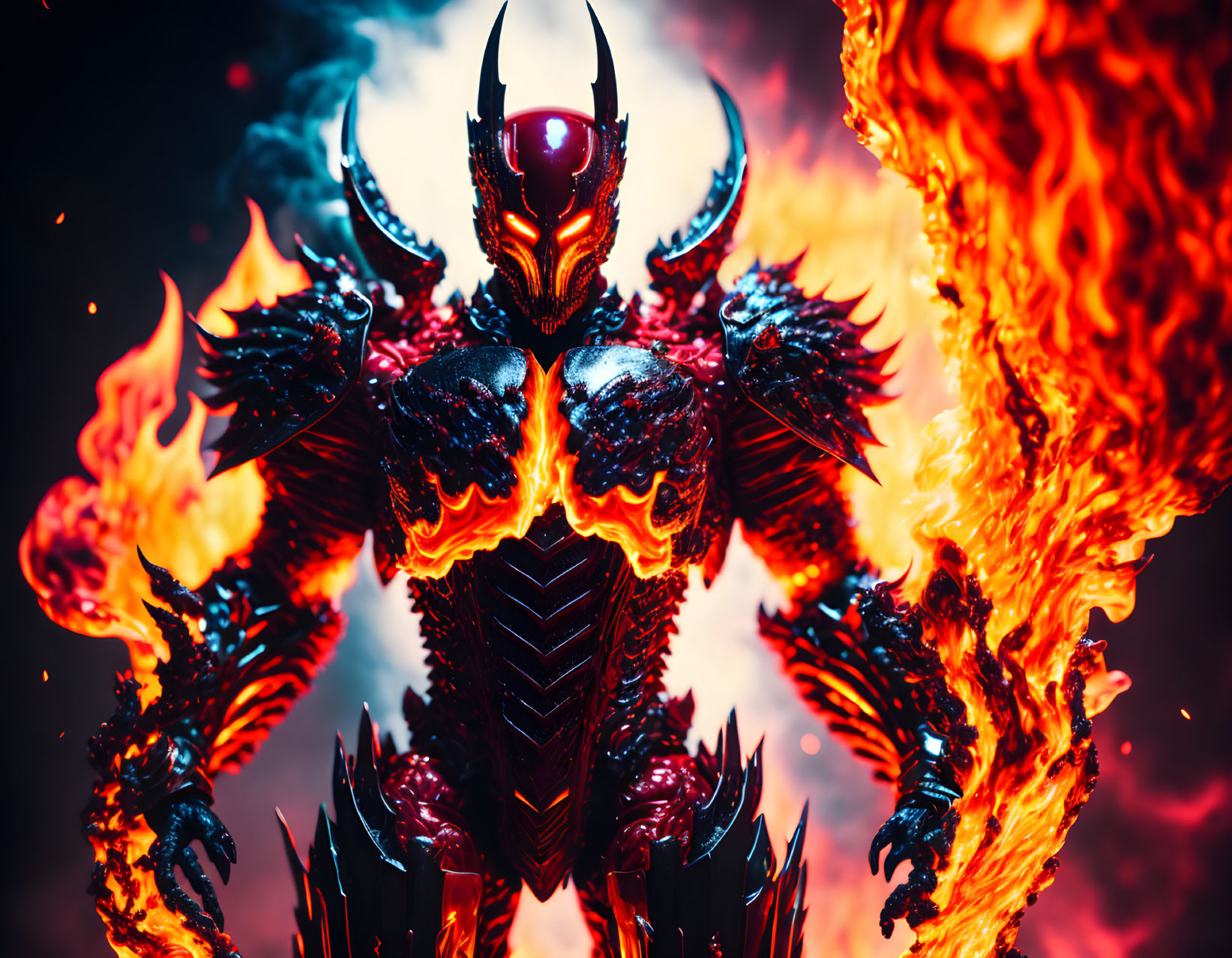 Armored figure with glowing eyes in flames, resembling a fierce warrior.